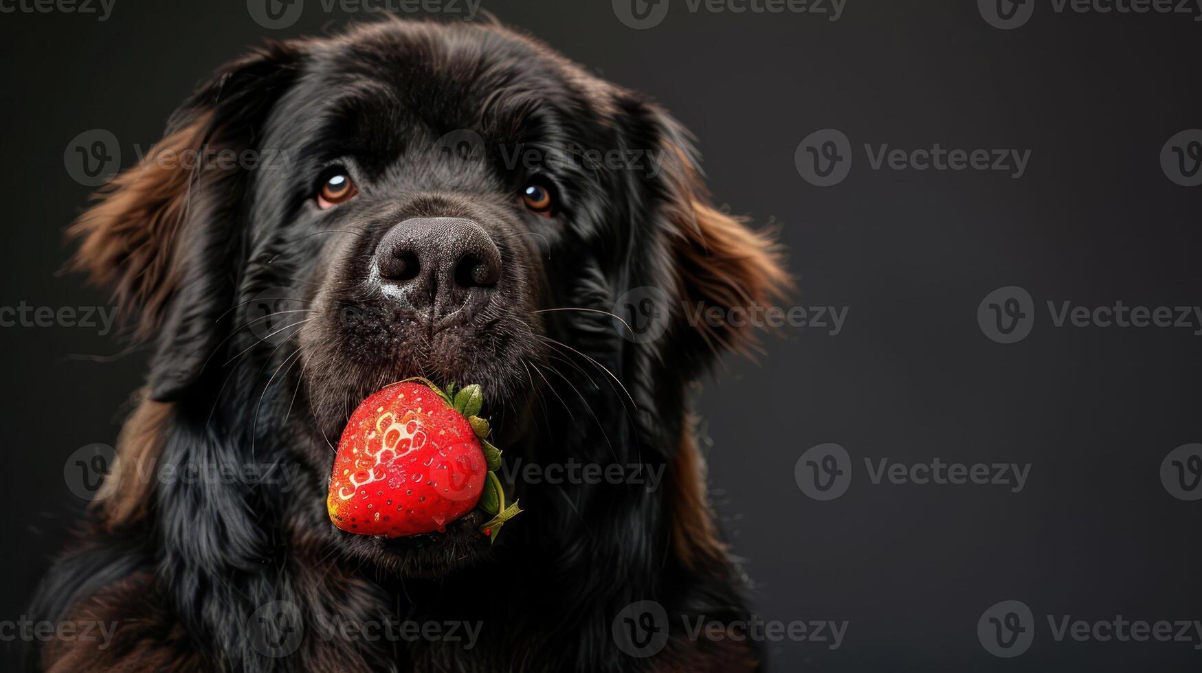 A playful dog holding a strawberry in its mouth against a dark background, showcasing joy photo