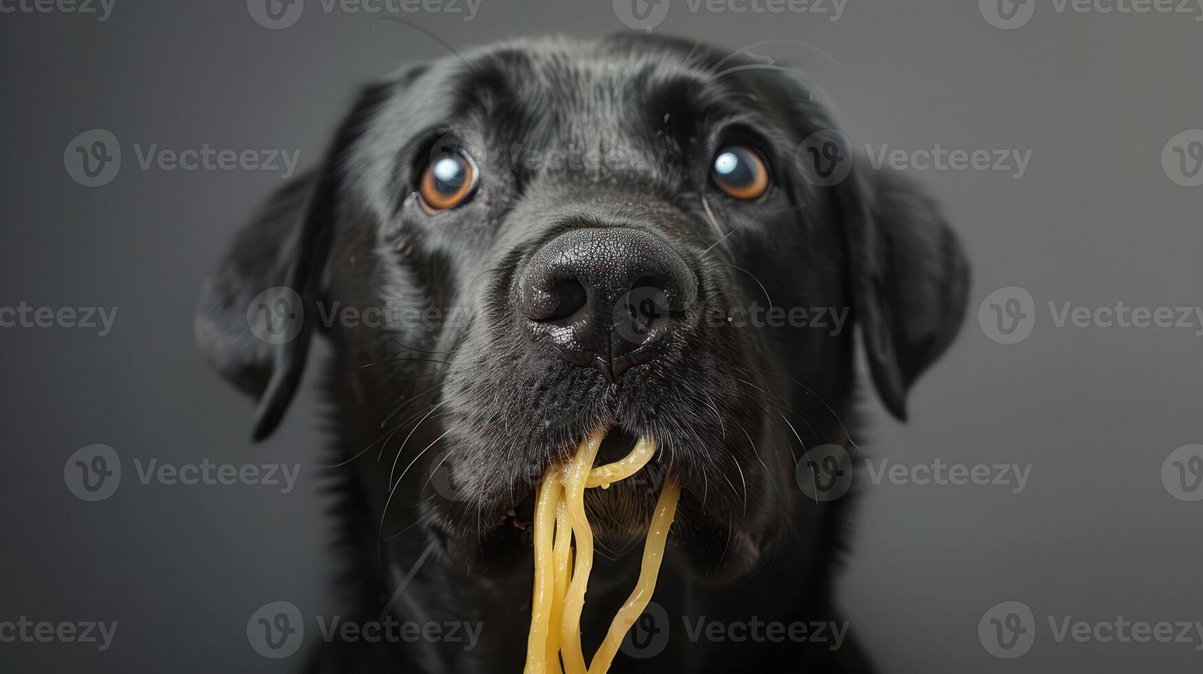A playful black dog with spaghetti hanging from its mouth against a neutral backdrop photo