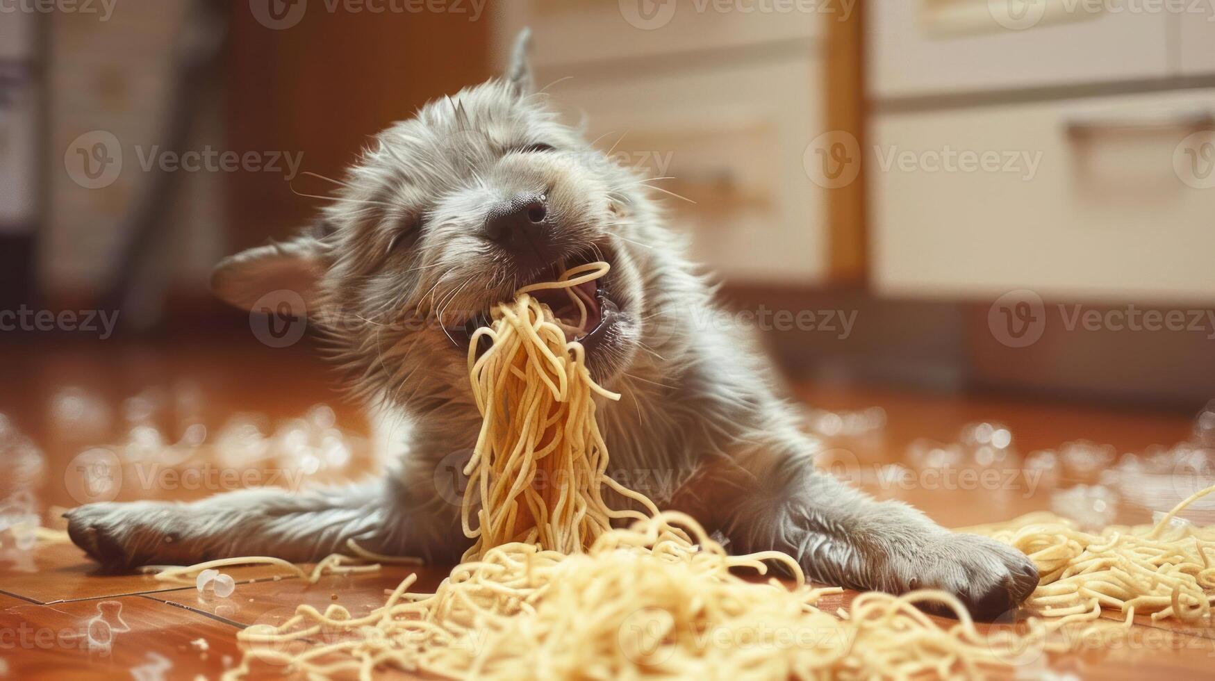 Playful puppy enjoying a messy meal of spaghetti on a kitchen floor, with scattered noodles photo