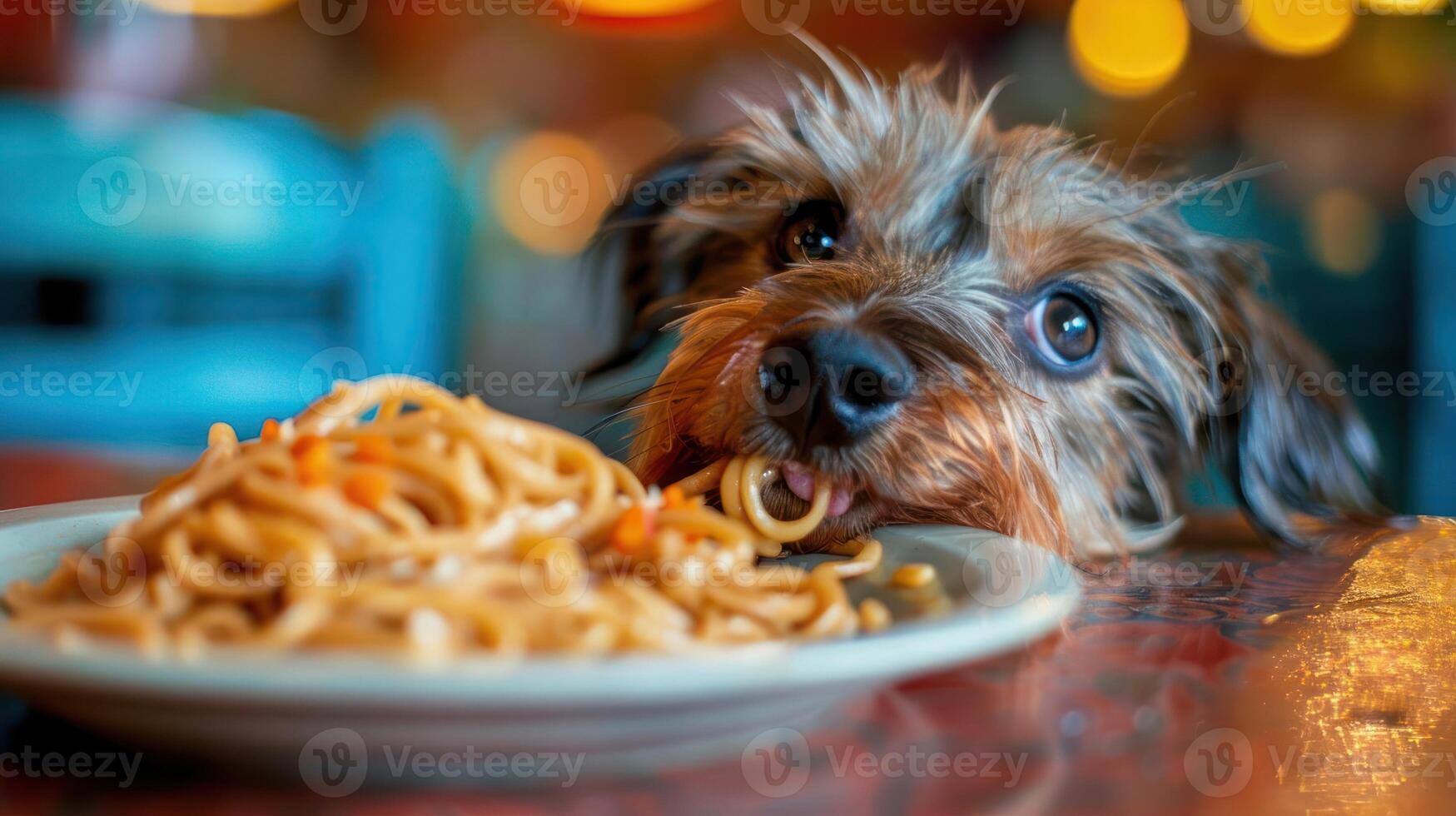 Playful dog enjoying a plate of spaghetti in a vibrant restaurant setting with blurred lights photo