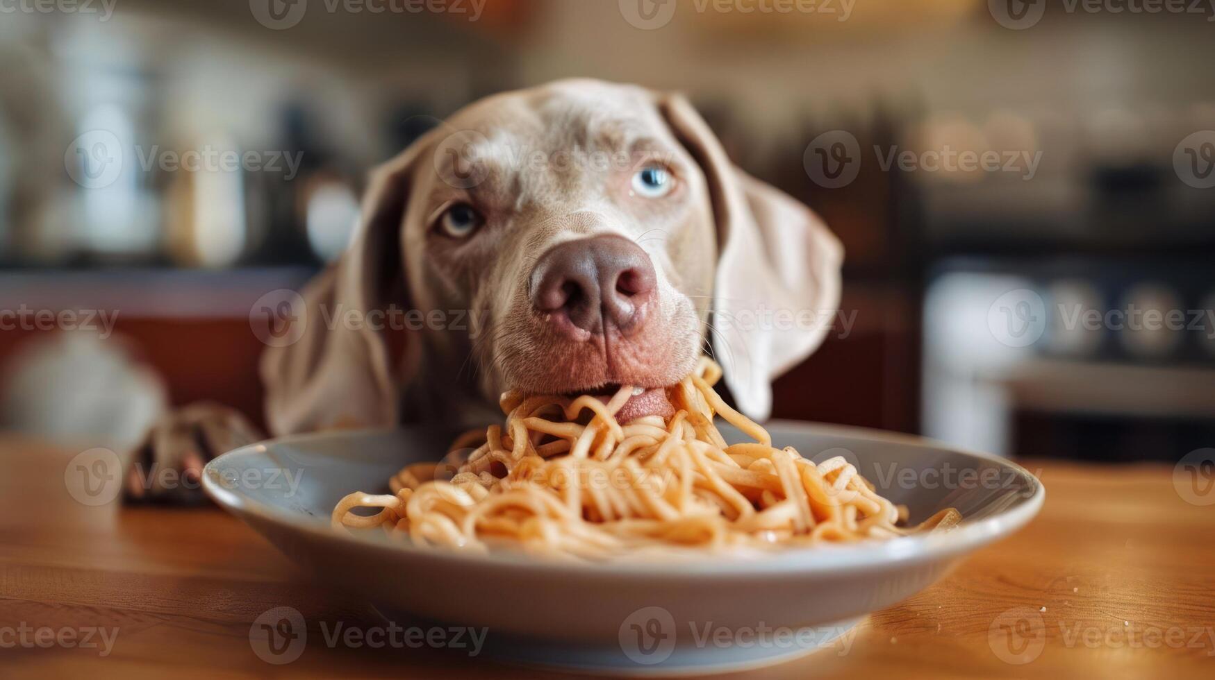 A playful dog enjoying a bowl of spaghetti at a cozy kitchen table with blurred background photo