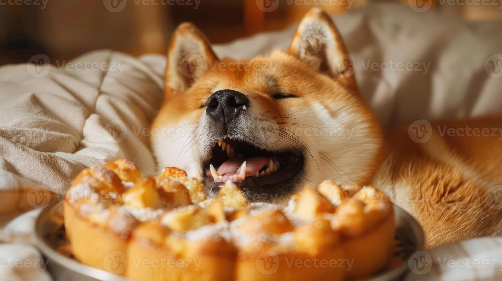 Happy Shiba Inu relaxing on a cozy blanket with a delicious cake in front, enjoying a peaceful moment photo