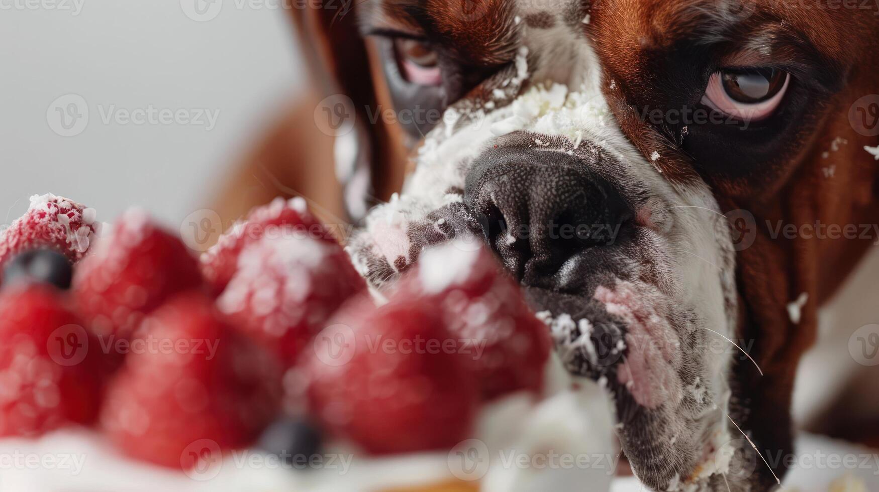 Close-up of a curious dog eyeing a delicious cake topped with fresh raspberries photo