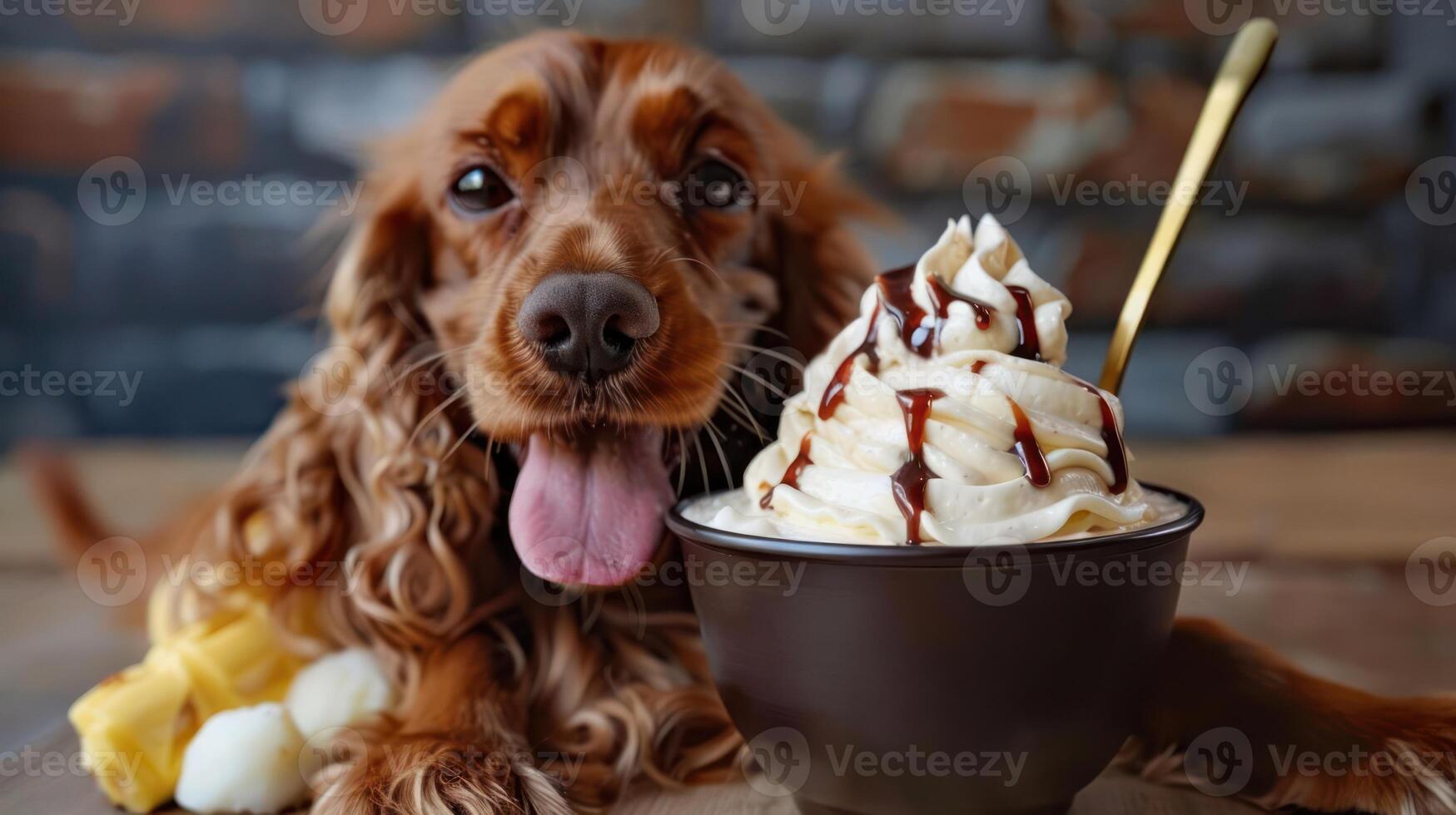 Playful dog enjoying a delicious ice cream dessert in a cozy rustic setting photo