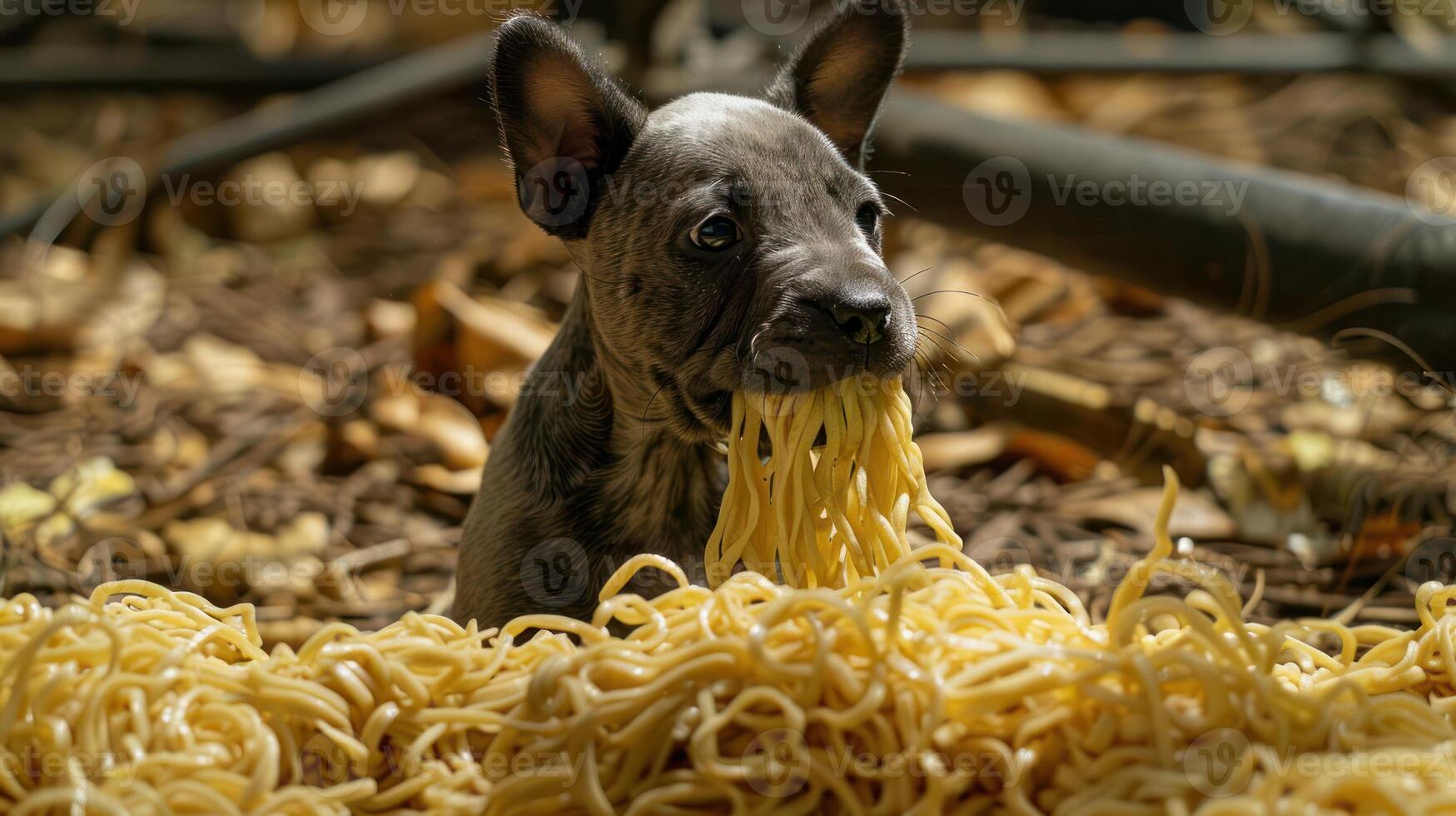 Playful dog surrounded by a pile of spaghetti in a rustic outdoor setting, capturing a whimsical moment photo