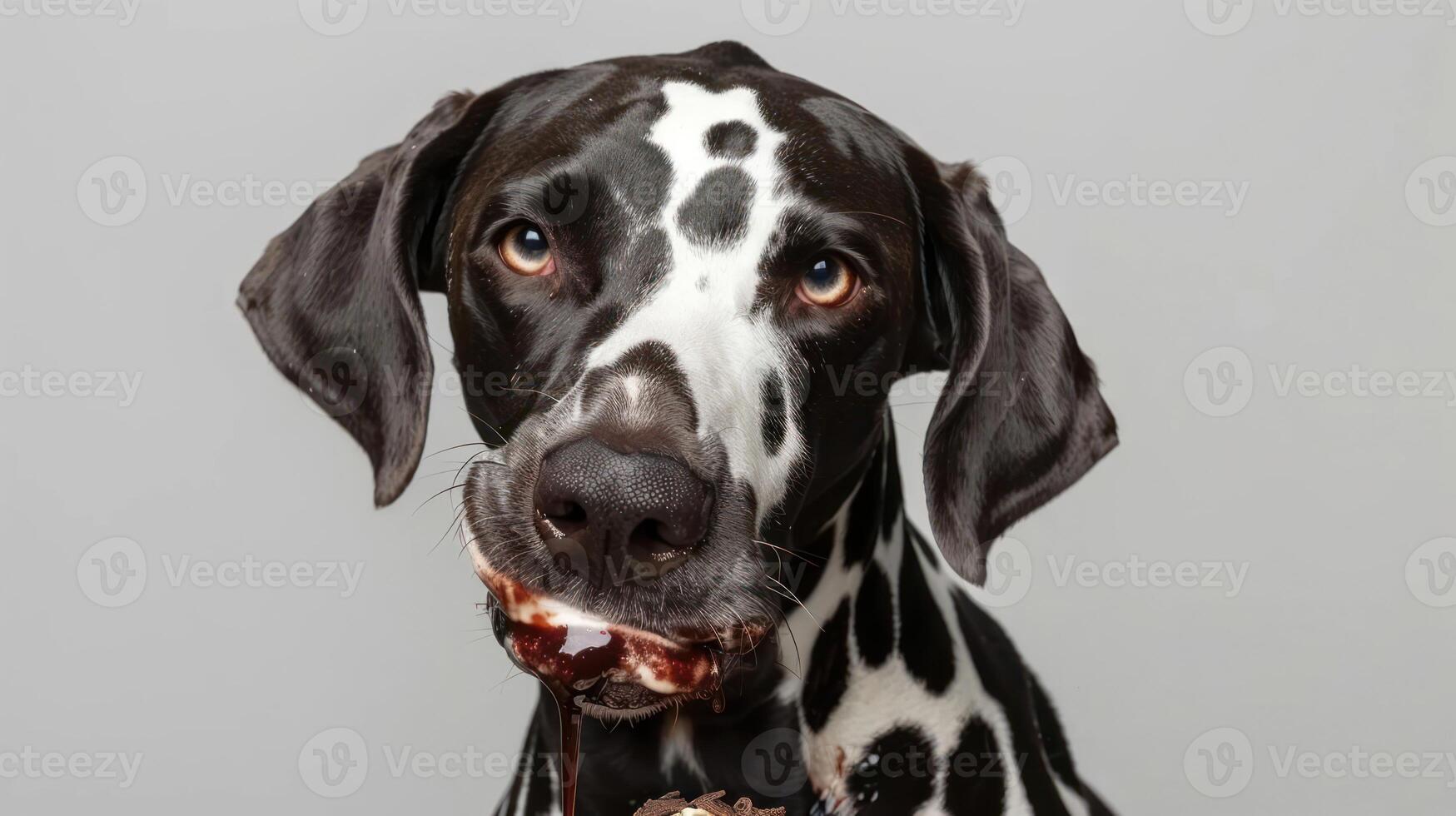 Playful Dalmatian dog enjoying a treat against a neutral background, showcasing its unique spots photo