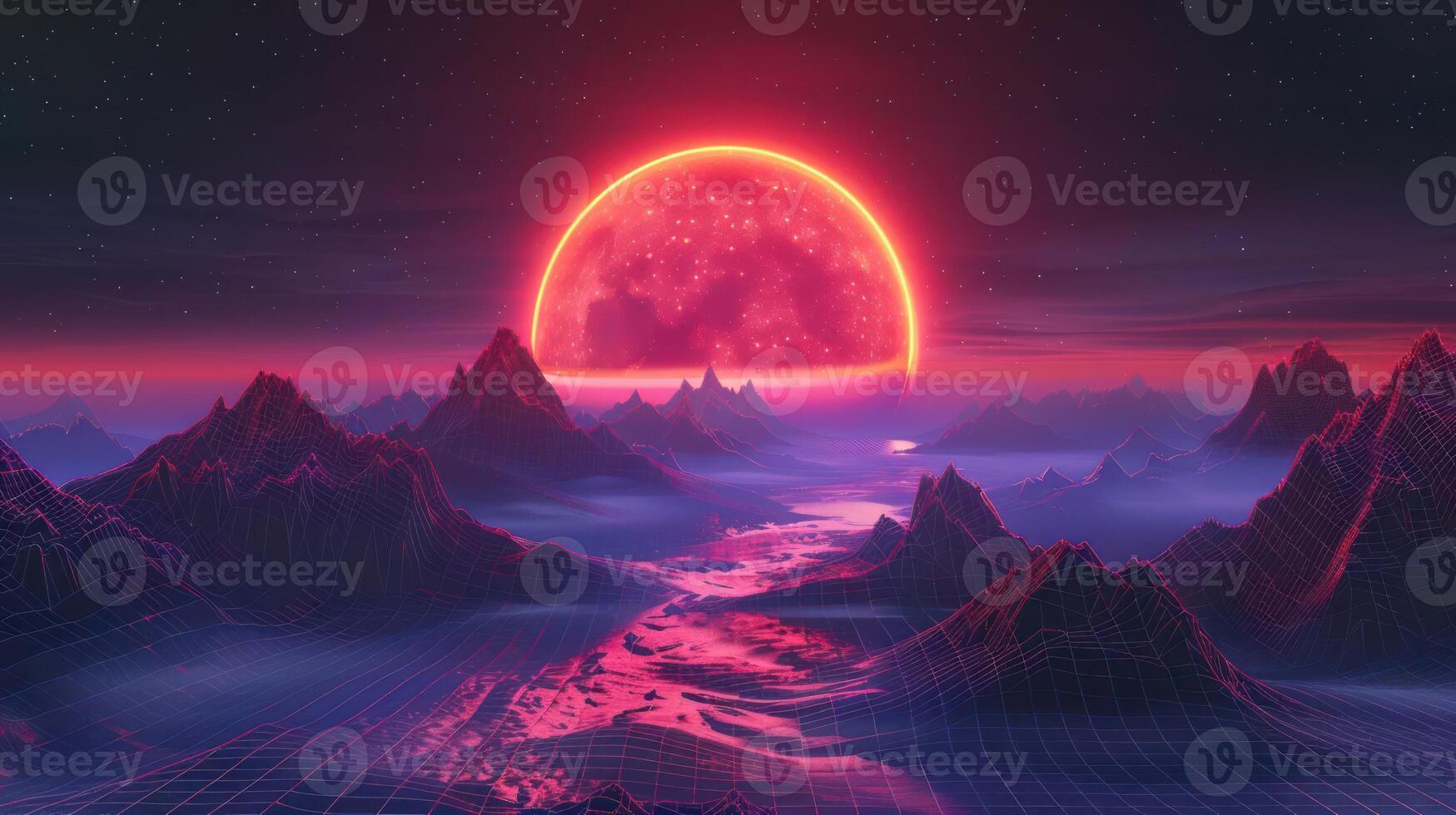 Futuristic landscape with a glowing sunset over mountains and a river, creating a surreal atmosphere photo