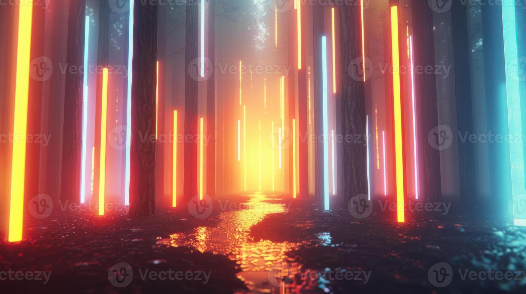 Vibrant neon lights illuminate a serene forest path, creating a surreal atmosphere at dusk photo