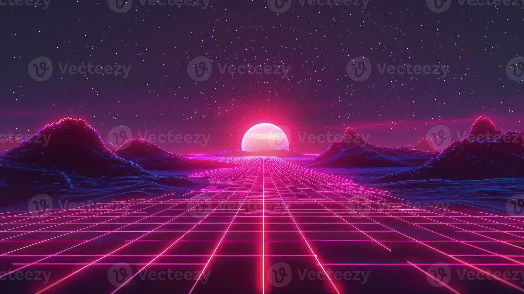 Vibrant retro-futuristic landscape with a glowing sunset and grid foreground, evoking nostalgia photo