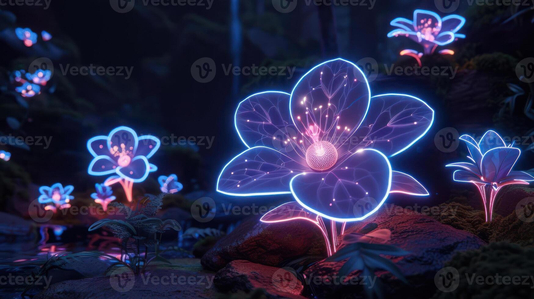 Glowing ethereal flowers illuminate a mystical forest stream, creating a serene and enchanting atmosphere photo