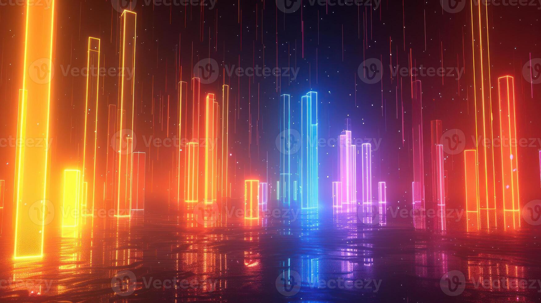 Abstract neon light cityscape with colorful glowing pillars reflecting on a water surface photo