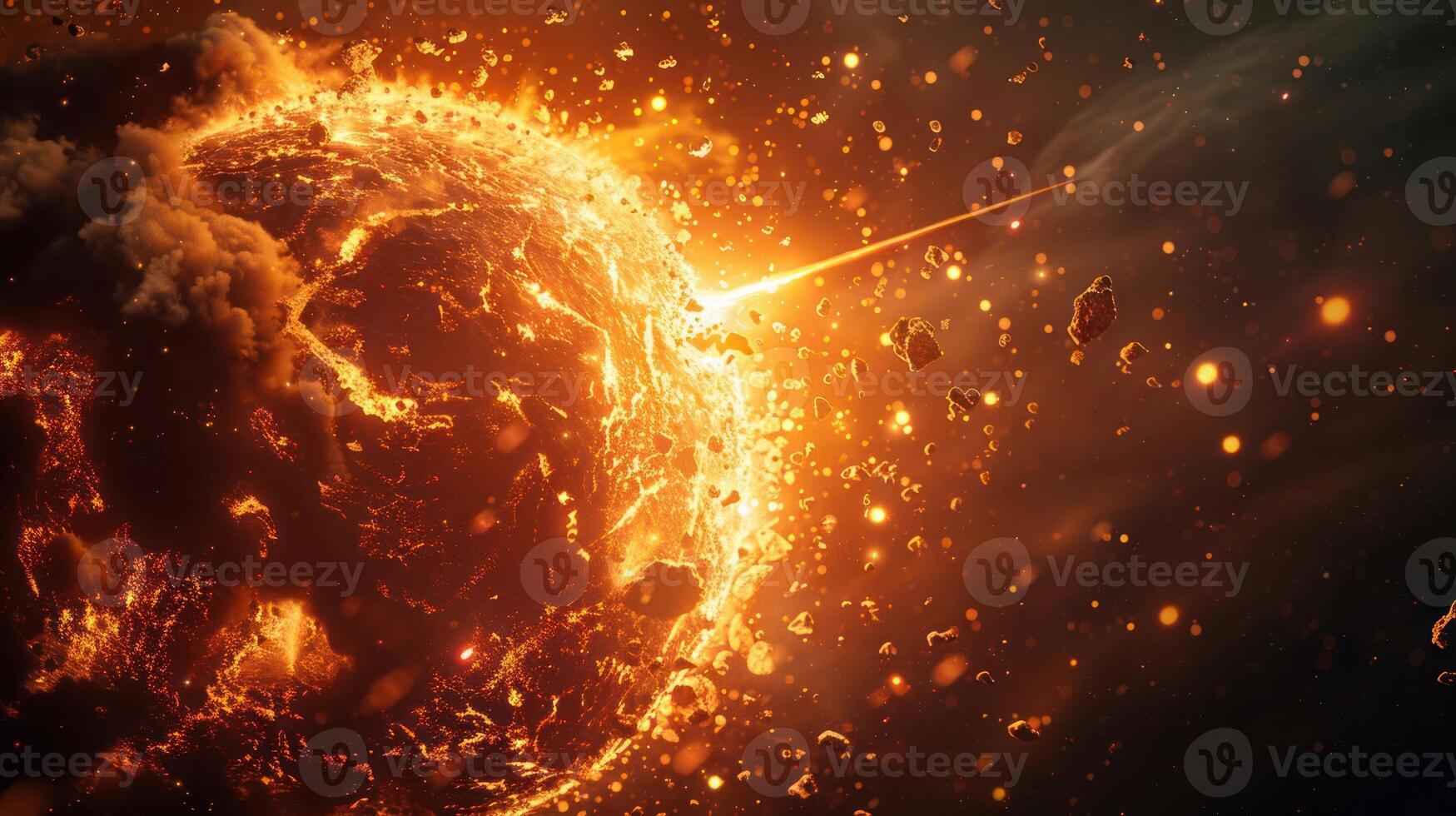 Fiery celestial body surrounded by asteroids in a cosmic scene with glowing particles photo