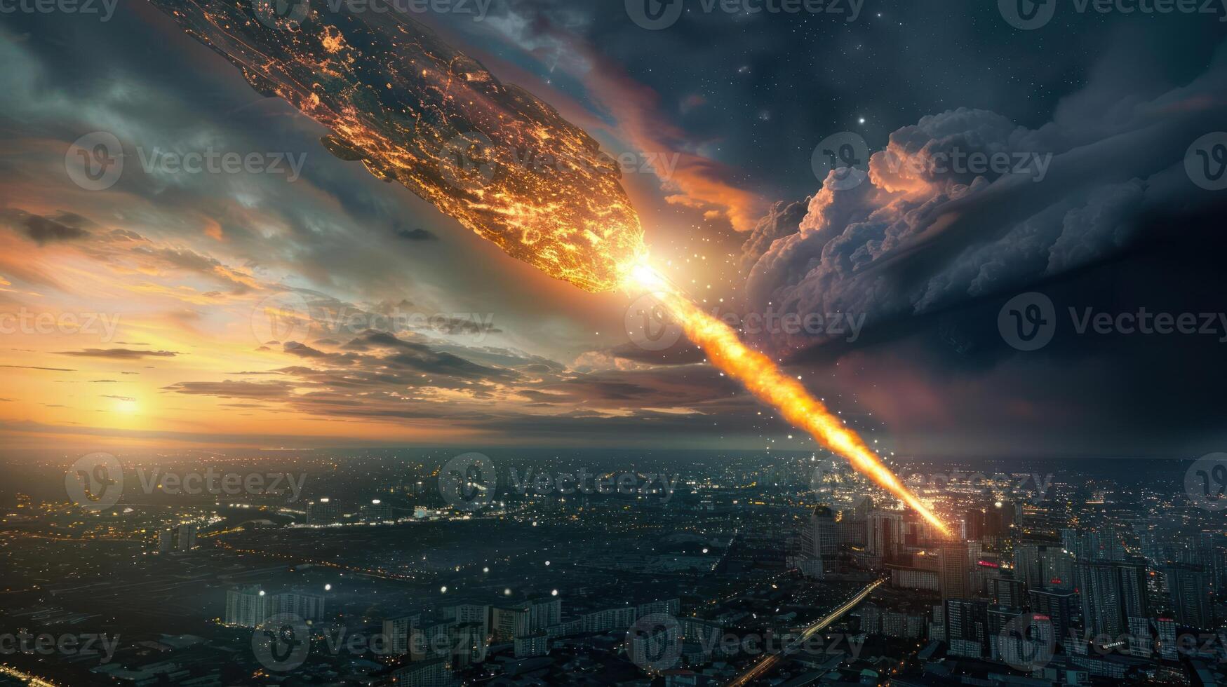 A dramatic scene of a fiery meteor striking a bustling city at sunset, with clouds gathering photo