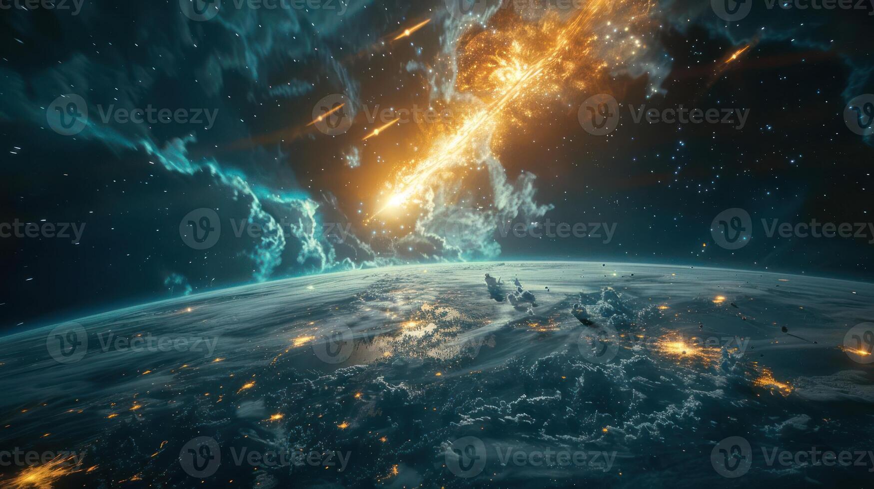 Stunning cosmic scene depicting a fiery meteor shower over a vibrant Earth, highlighting celestial activity photo