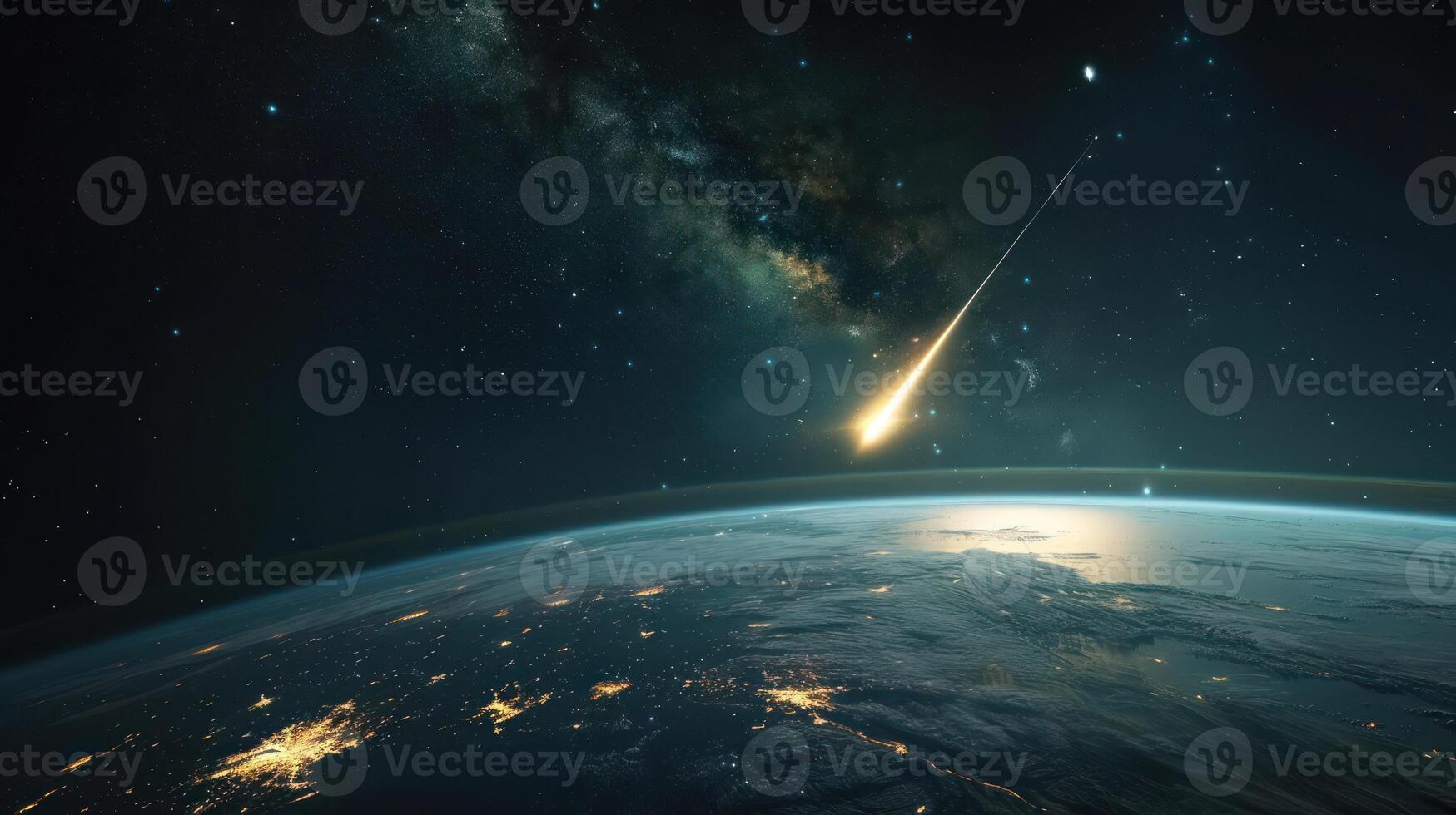 Stunning view of Earth from space with a bright meteor streaking across the night sky photo