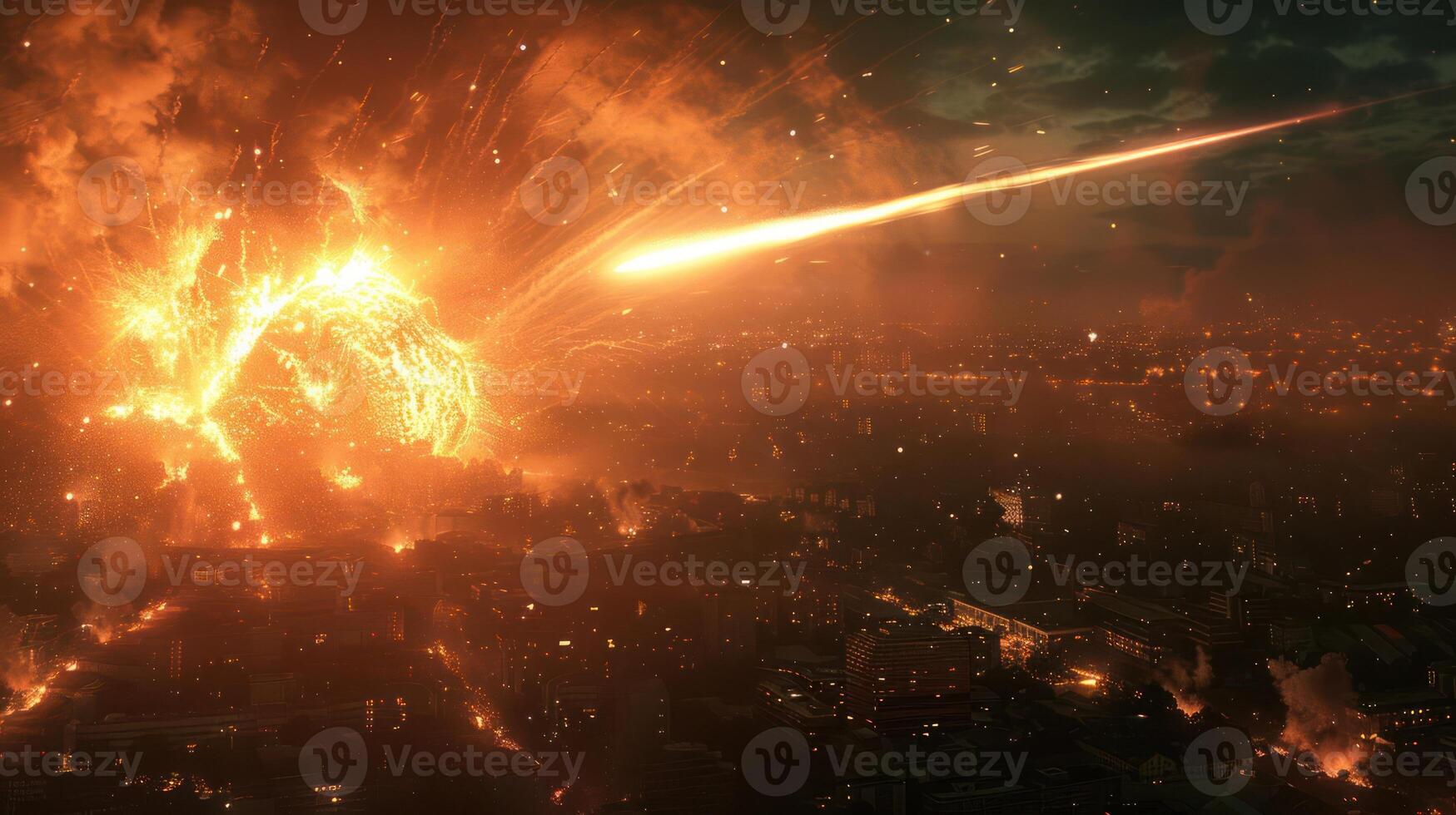 A fiery meteor streaks across a city skyline, igniting chaos and illuminating the night sky photo