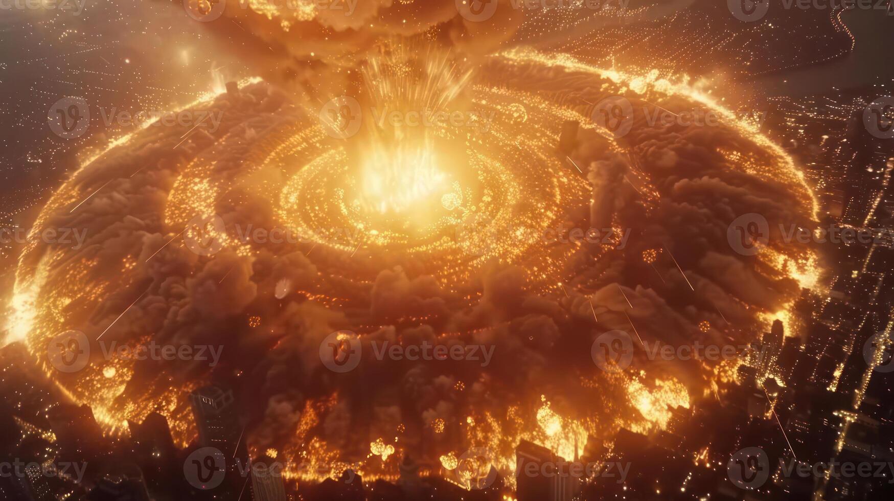 A dramatic aerial view of a massive explosion engulfing a city skyline at sunset photo
