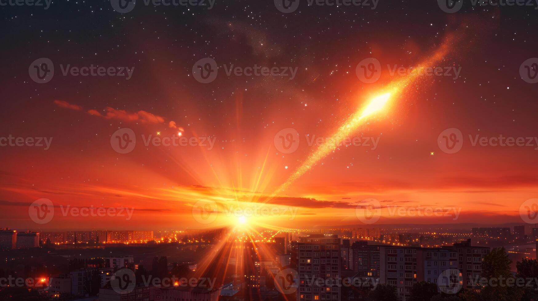 Stunning sunset over a city skyline with a meteor shower illuminating the sky photo