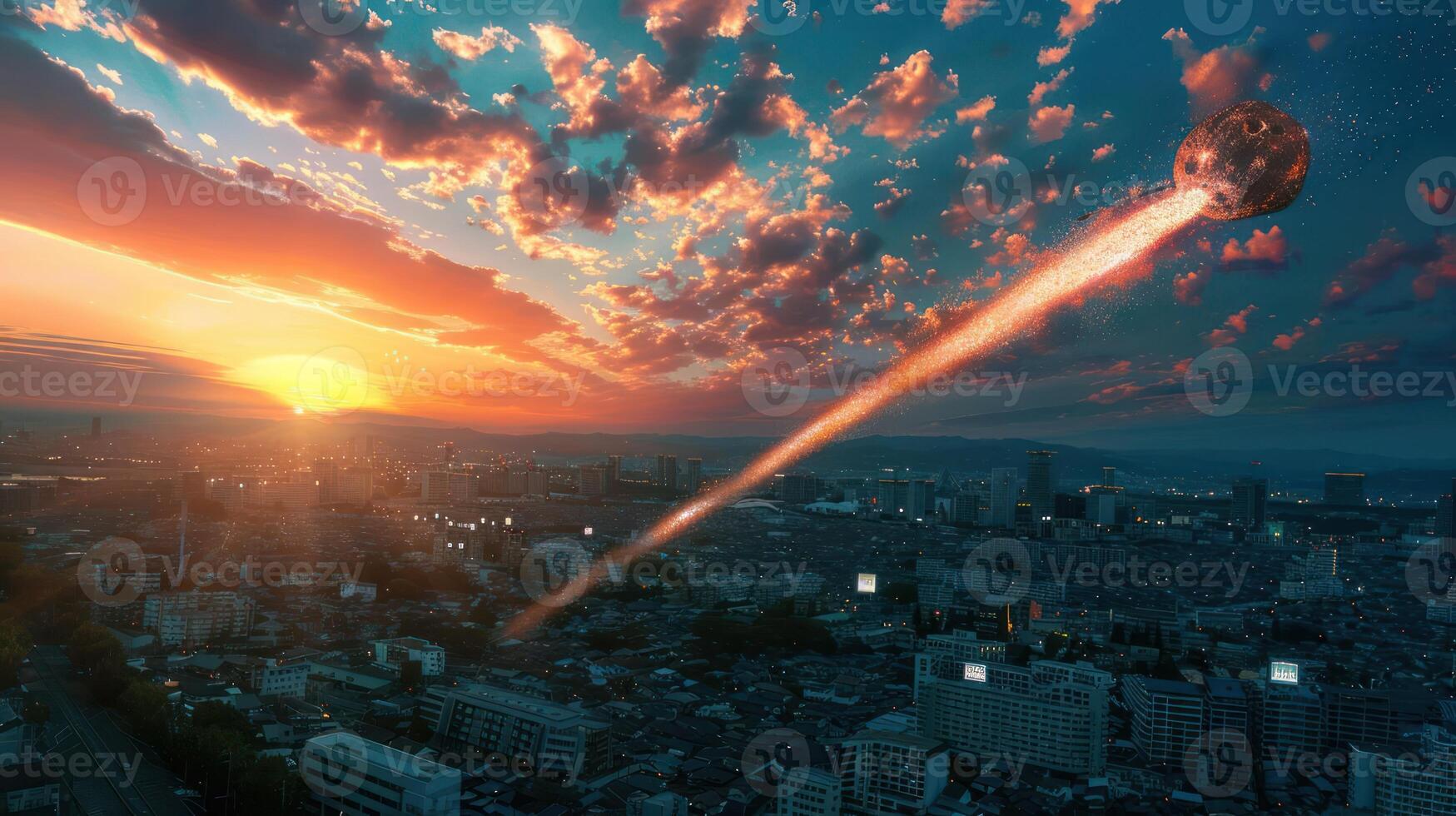 A vibrant sunset over a bustling cityscape as a meteor streaks across the sky, creating awe photo
