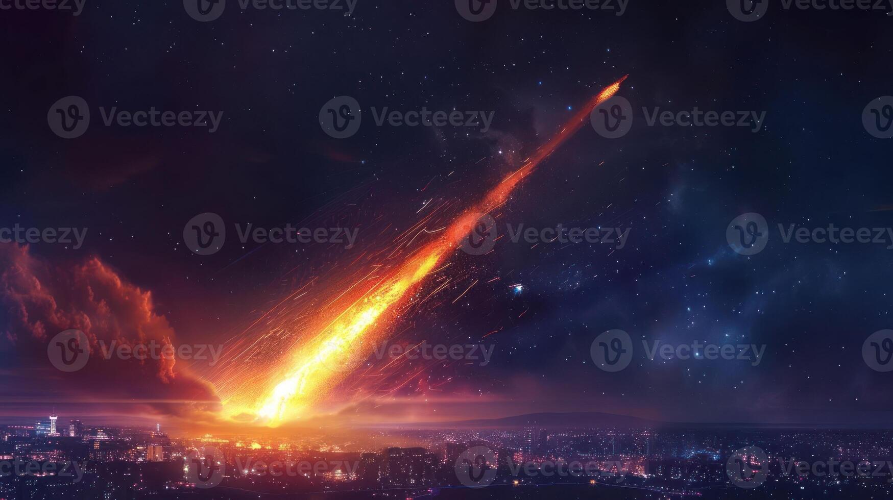 Fiery meteor streaks across a night sky over a bustling cityscape, illuminating the skyline photo
