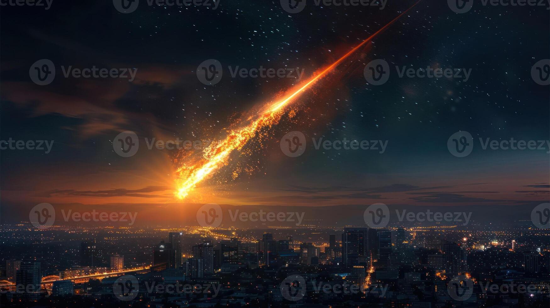 A meteor streaks across a twilight sky above a bustling cityscape, illuminating the horizon photo