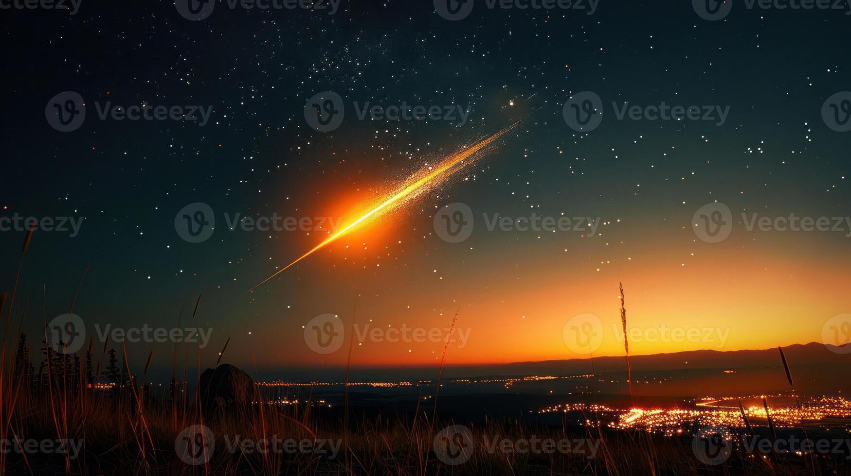 Stunning meteor streaks across a twilight sky over a vibrant cityscape and serene landscape photo
