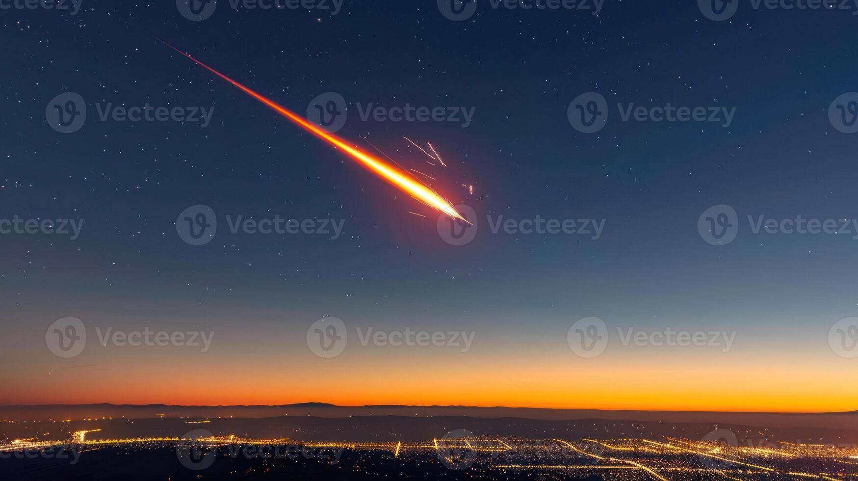 A stunning meteor streaks across the twilight sky above a vibrant cityscape at dusk photo