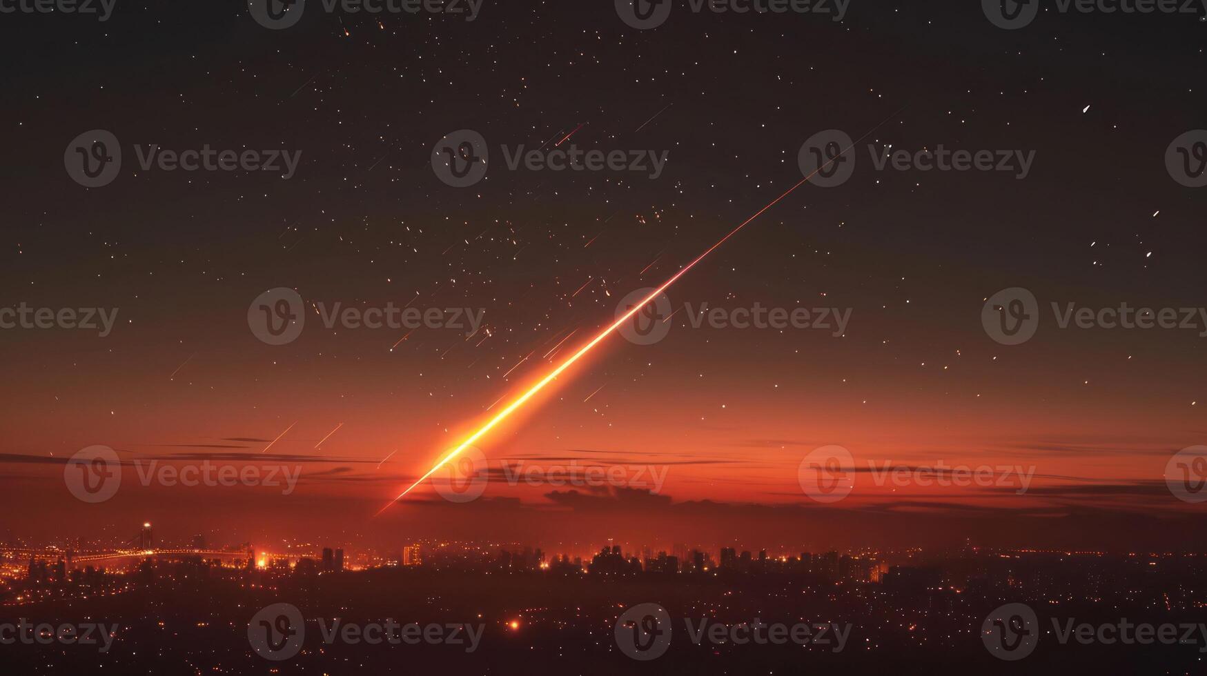 Meteor streaking across a twilight sky over a bustling city skyline, evoking wonder and awe photo