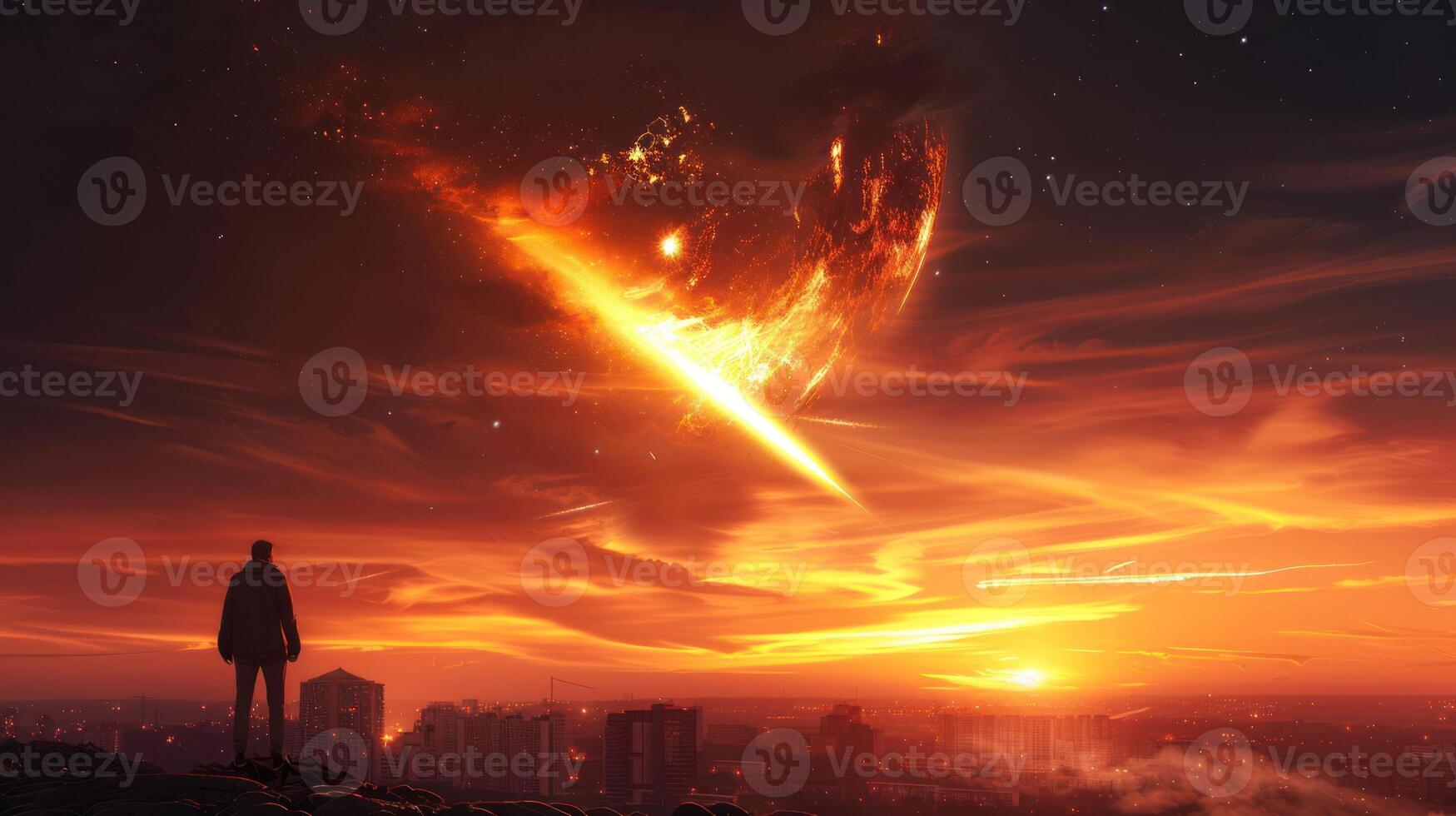 A solitary figure gazes at a fiery celestial event over a futuristic cityscape at sunset photo