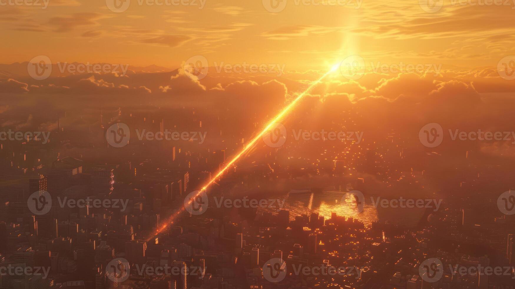 Stunning sunset over a bustling cityscape with rays of light piercing through clouds photo