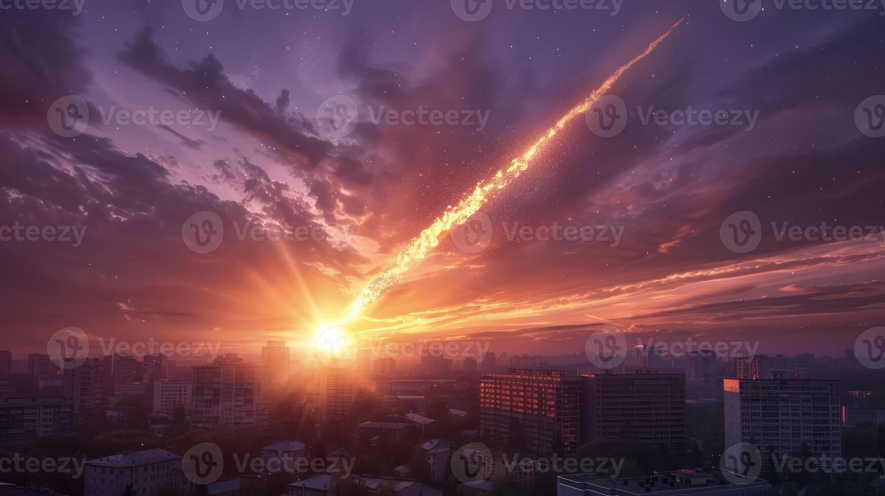 Dramatic sunset over a city skyline with a meteor streaking across the sky, illuminating the horizon photo