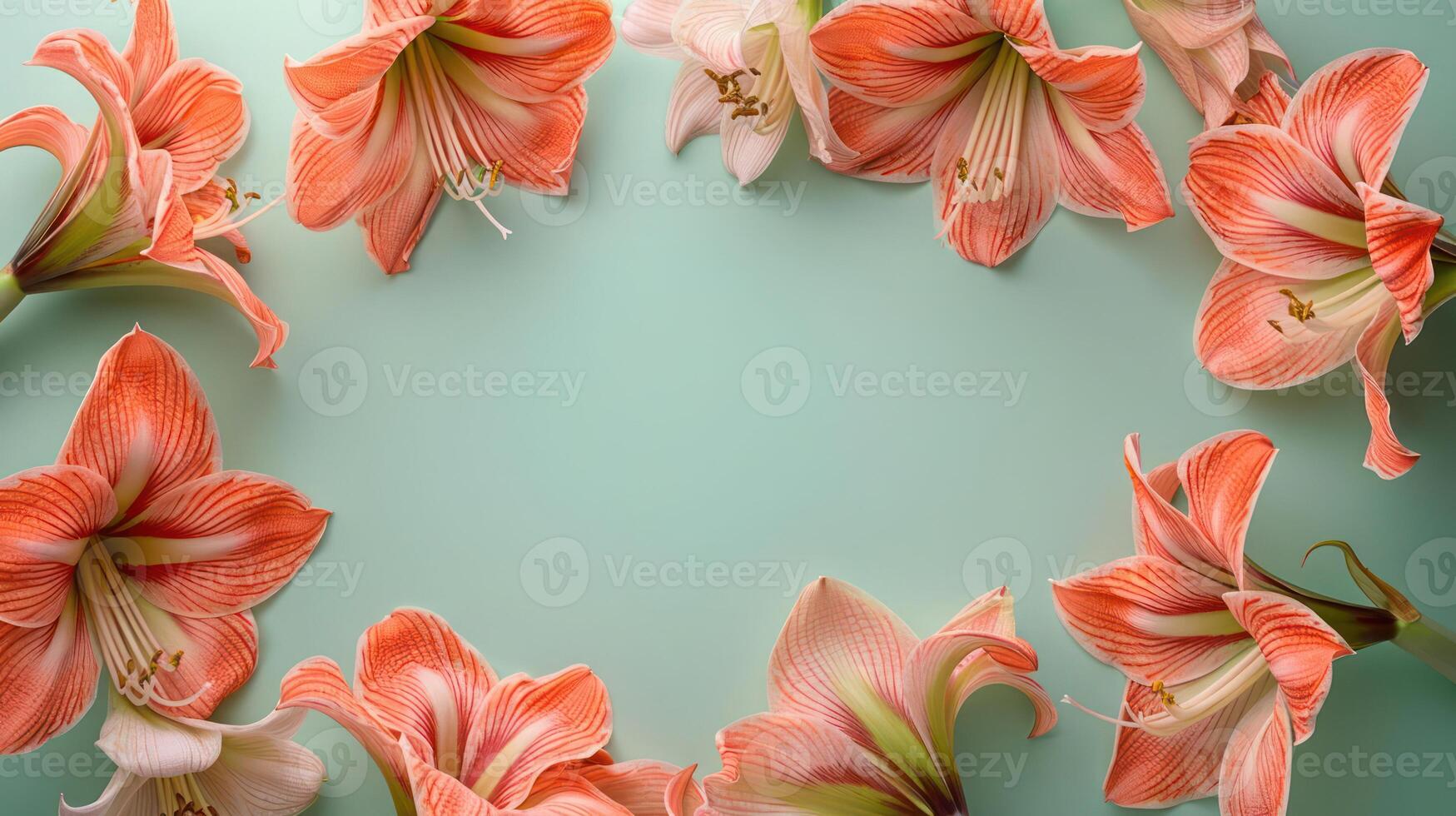 Vibrant amaryllis flowers arranged in a circular pattern on a soft mint background, evoking spring photo