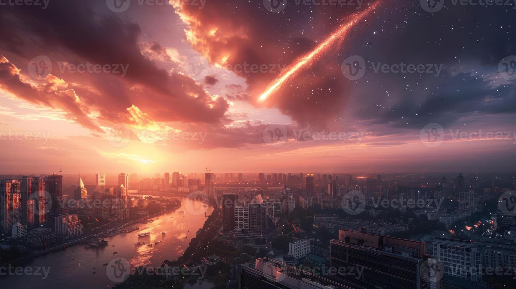 Stunning sunset over a vibrant cityscape with a meteor streaking across the sky photo