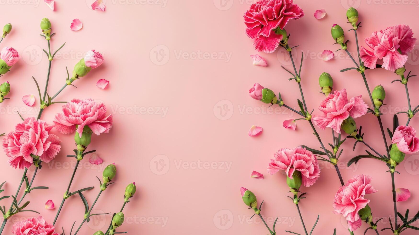 Beautiful arrangement of pink carnations on a soft pink background with scattered petals photo