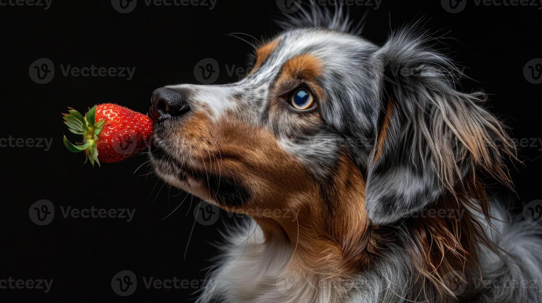 A close-up of a dog with striking blue eyes curiously sniffing a vibrant strawberry against a dark background photo