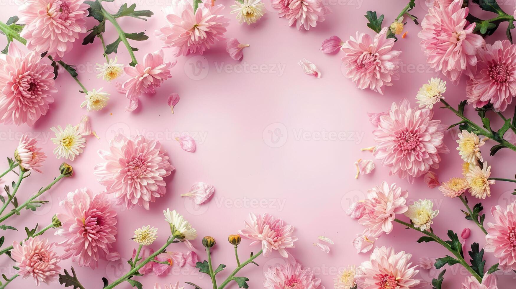 Pink chrysanthemums arranged beautifully on a soft pink background with scattered petals photo