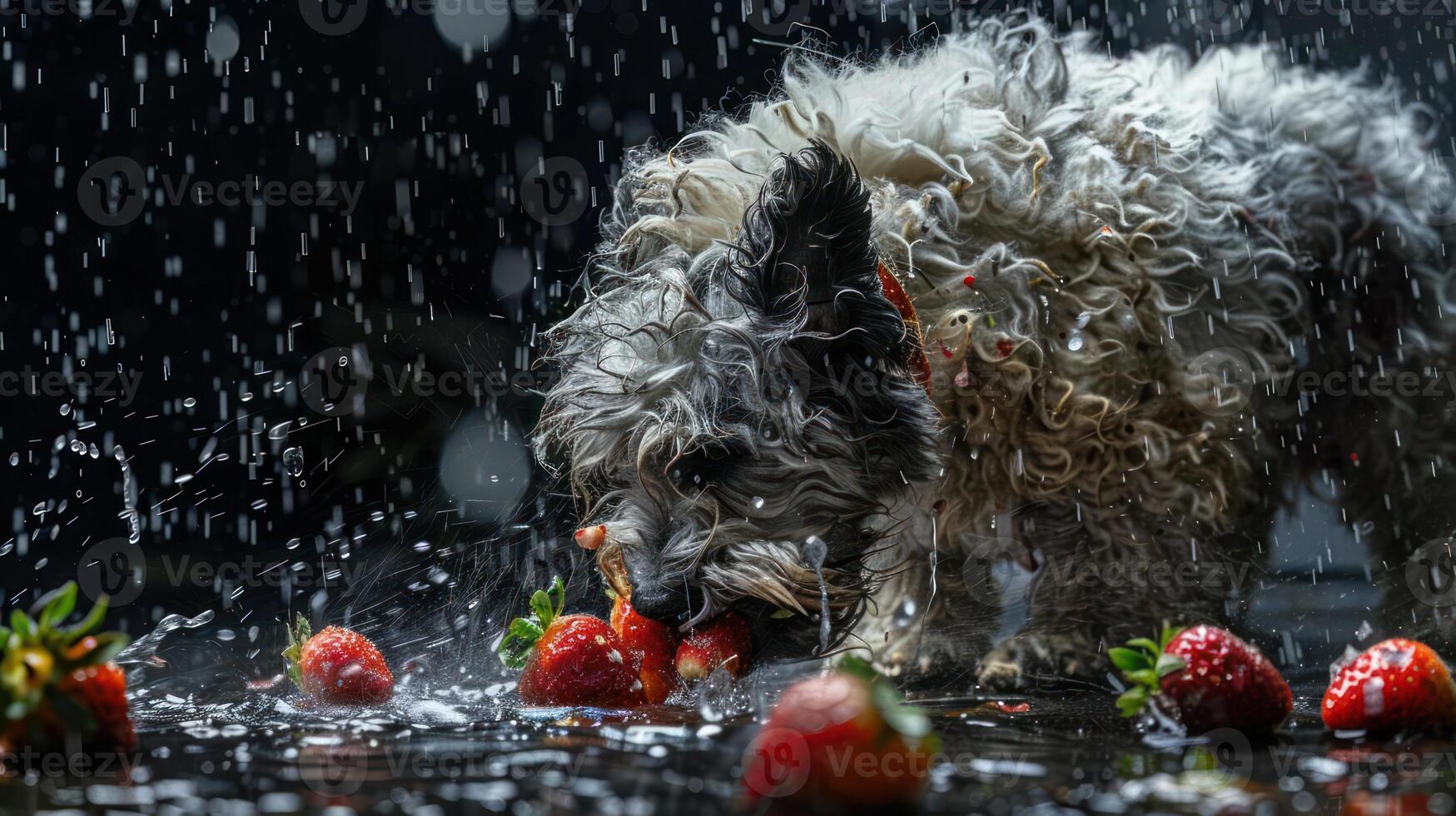 Playful dog enjoying strawberries in a rain-soaked environment, creating a lively atmosphere photo