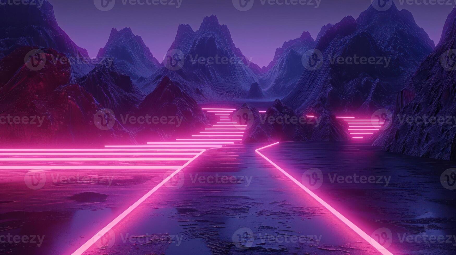 Futuristic neon landscape with glowing pink lines illuminating a serene mountain lake at dusk photo