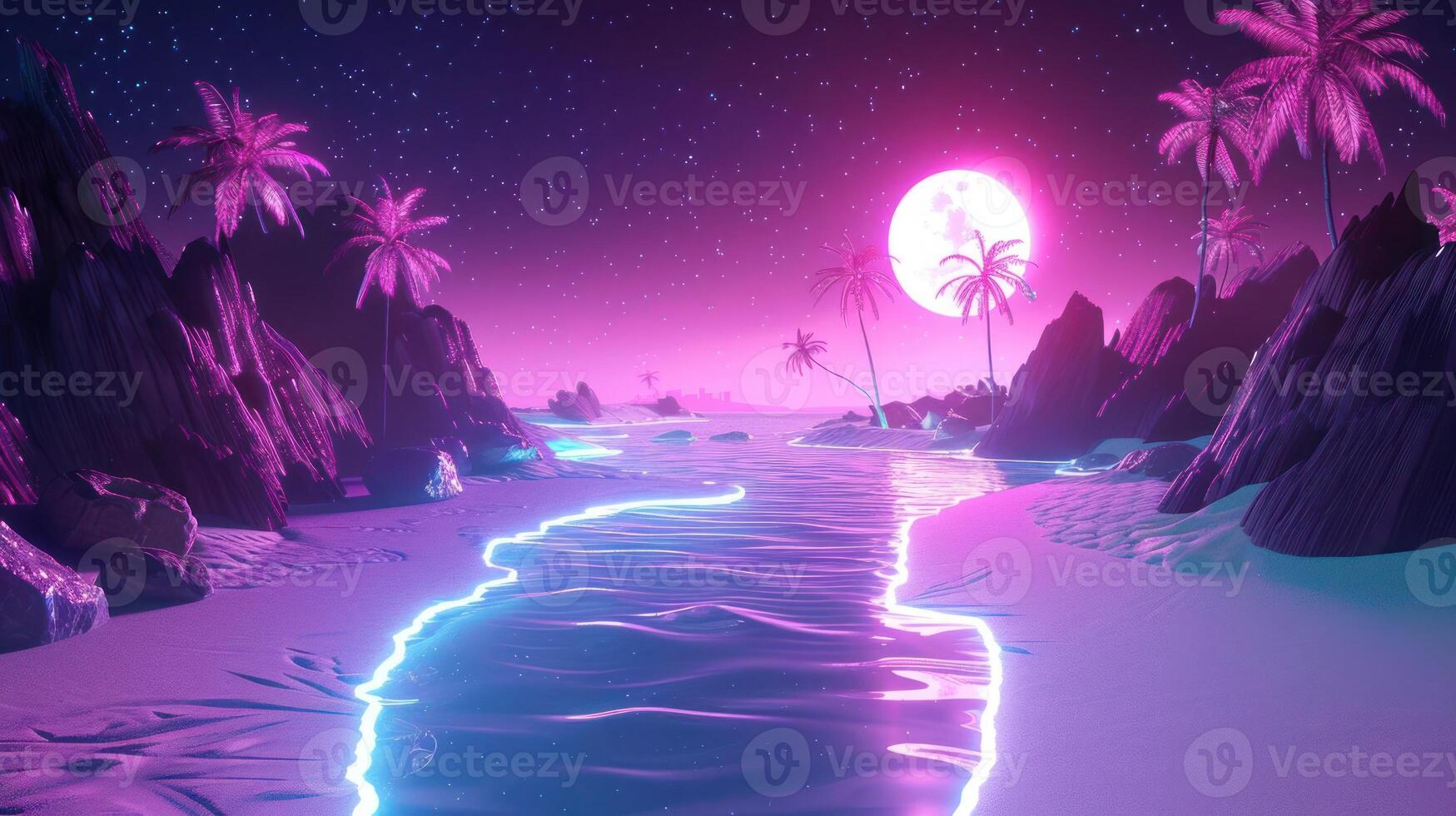 Surreal neon landscape with glowing river, palm trees, and a vibrant sunset over the ocean photo