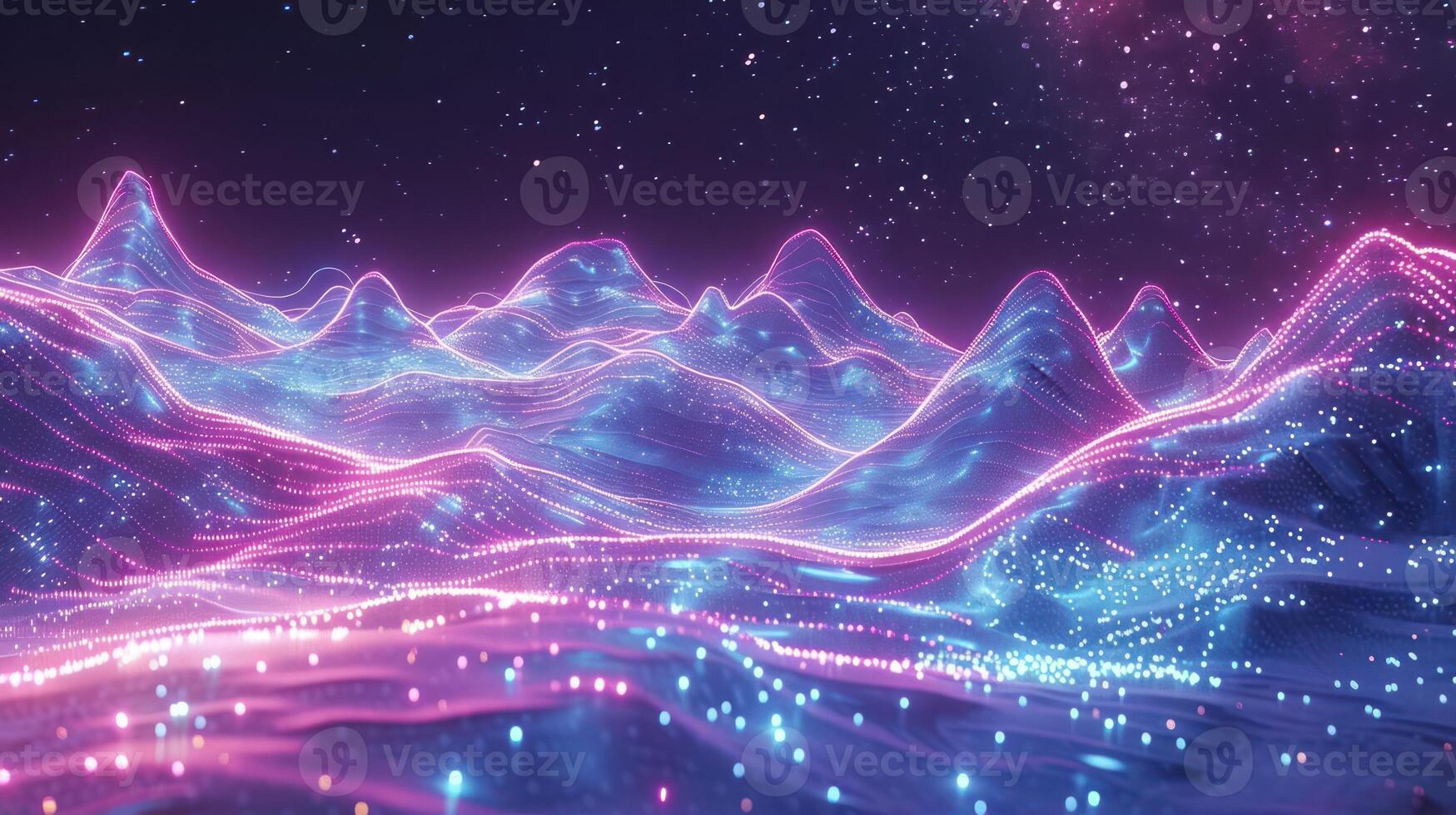 Vibrant neon mountains under a starry sky with glowing lights and cosmic background photo