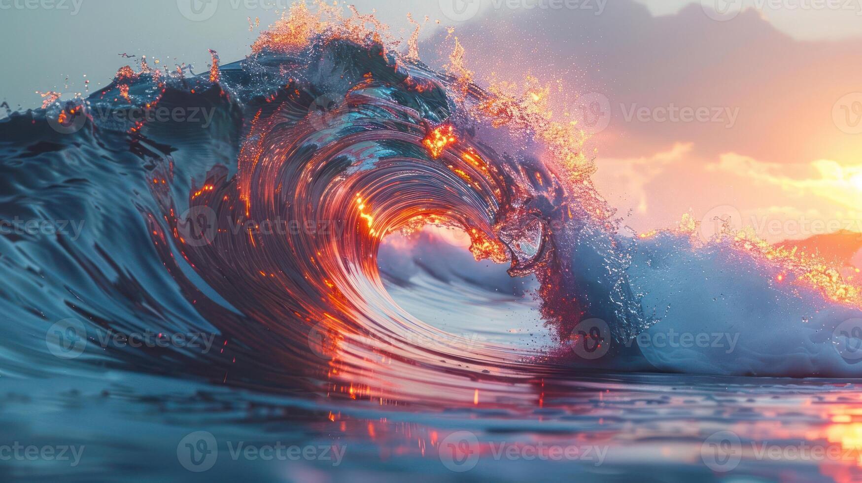 Vibrant sunset wave crashing on the shore, capturing the beauty of nature's power and serenity photo