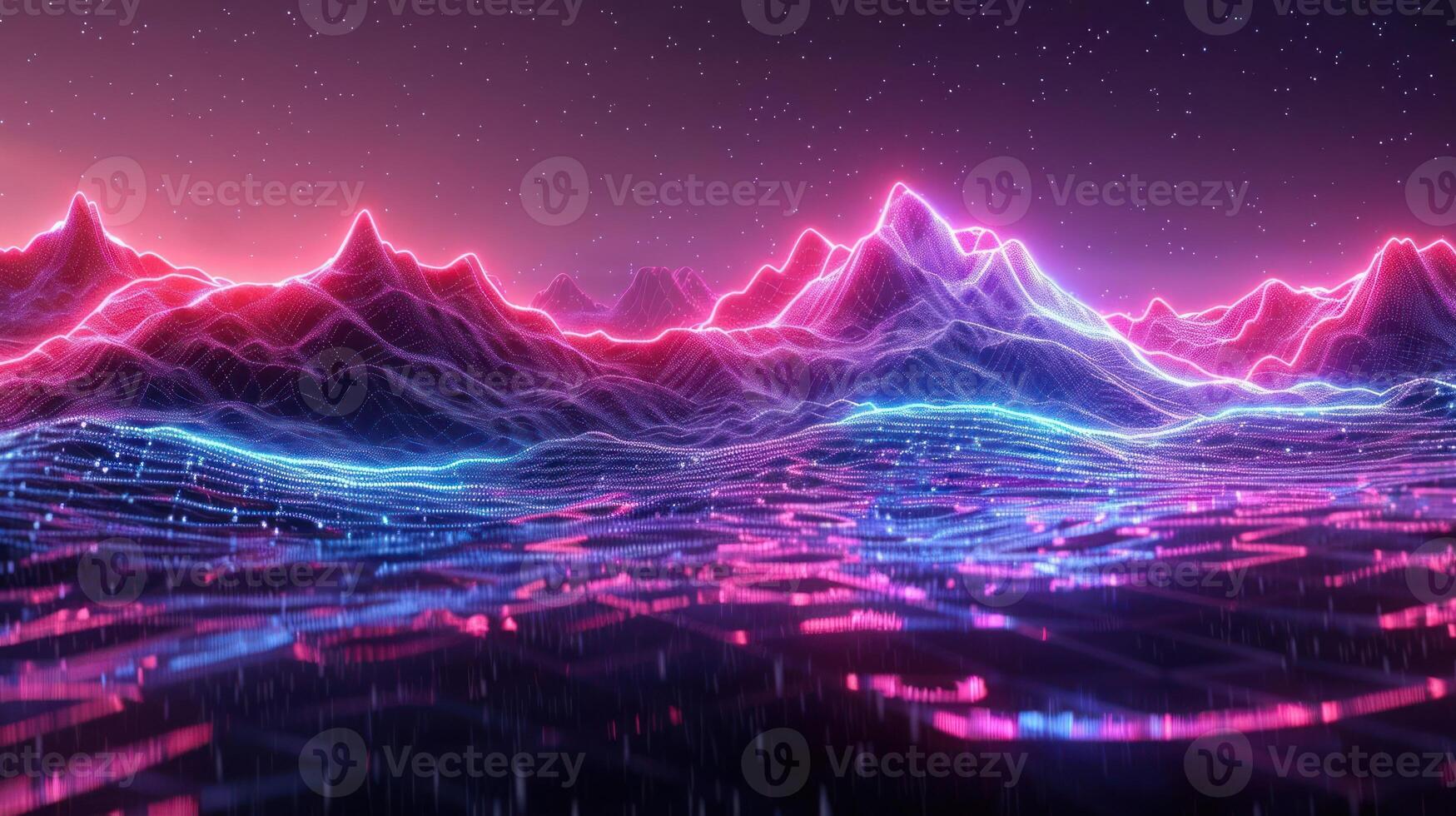 Futuristic neon landscape with glowing mountains and vibrant water reflections at dusk photo