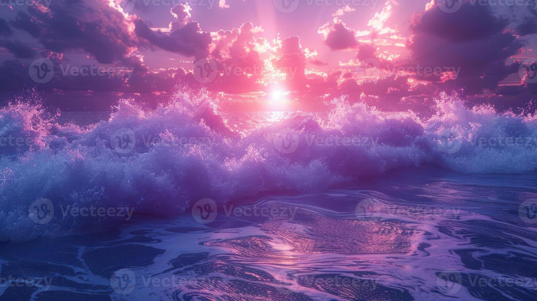 Vibrant sunset over ocean waves with colorful clouds reflecting on water surface, serene atmosphere photo