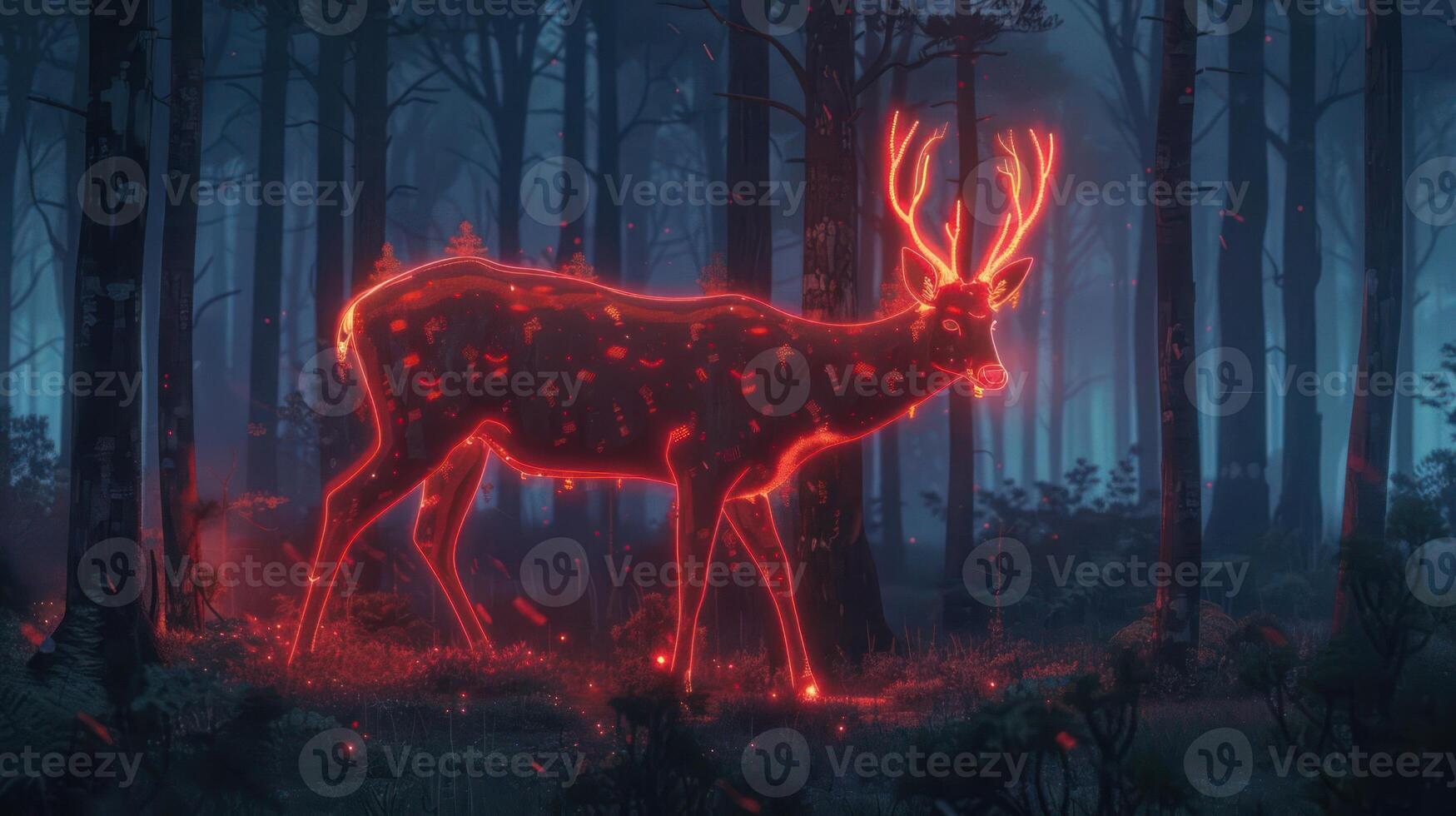 Glowing deer illuminated in a mystical forest at twilight, surrounded by ethereal light effects photo