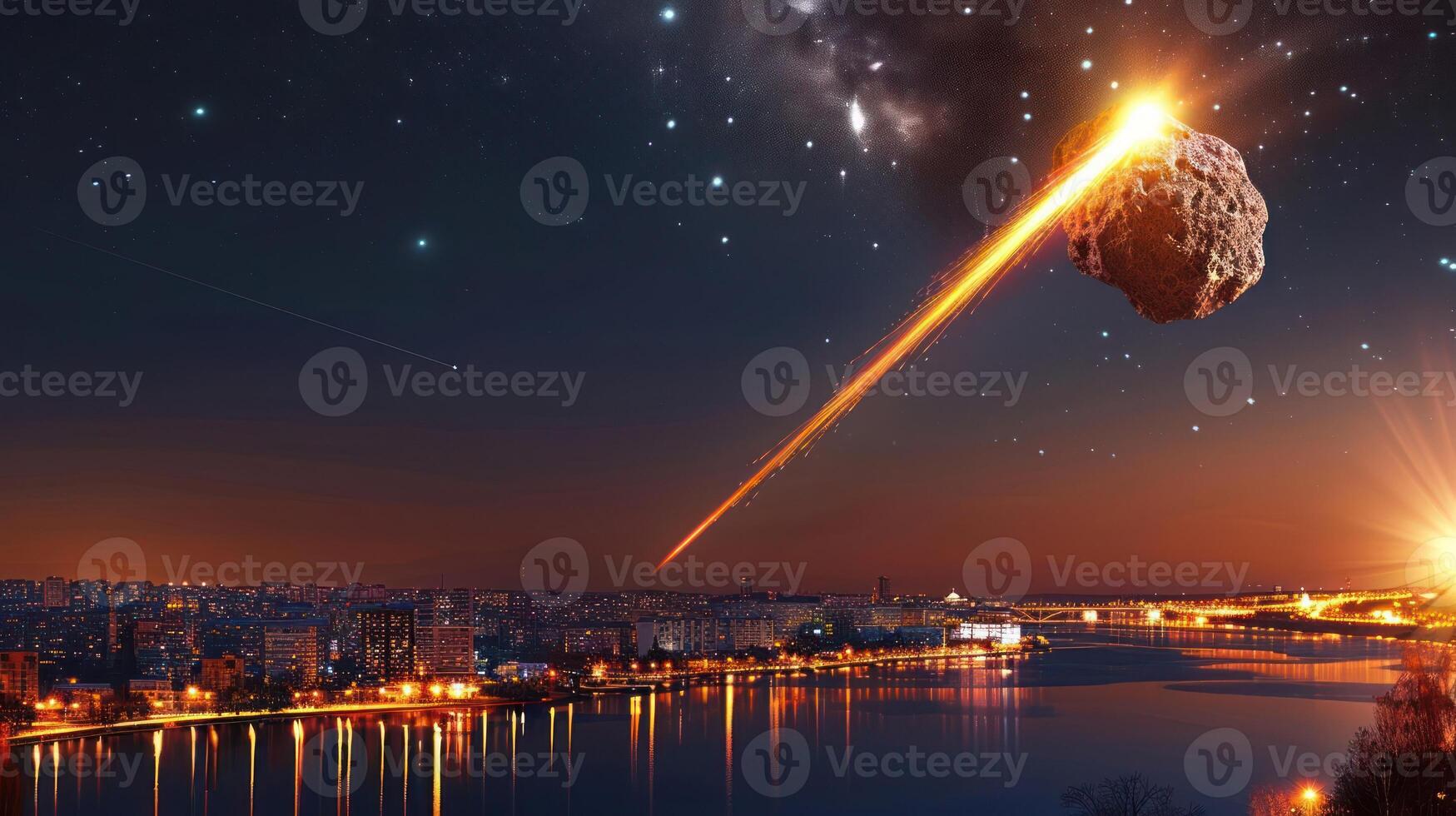 Meteorite streaking across a city skyline at night, illuminating the urban landscape below photo