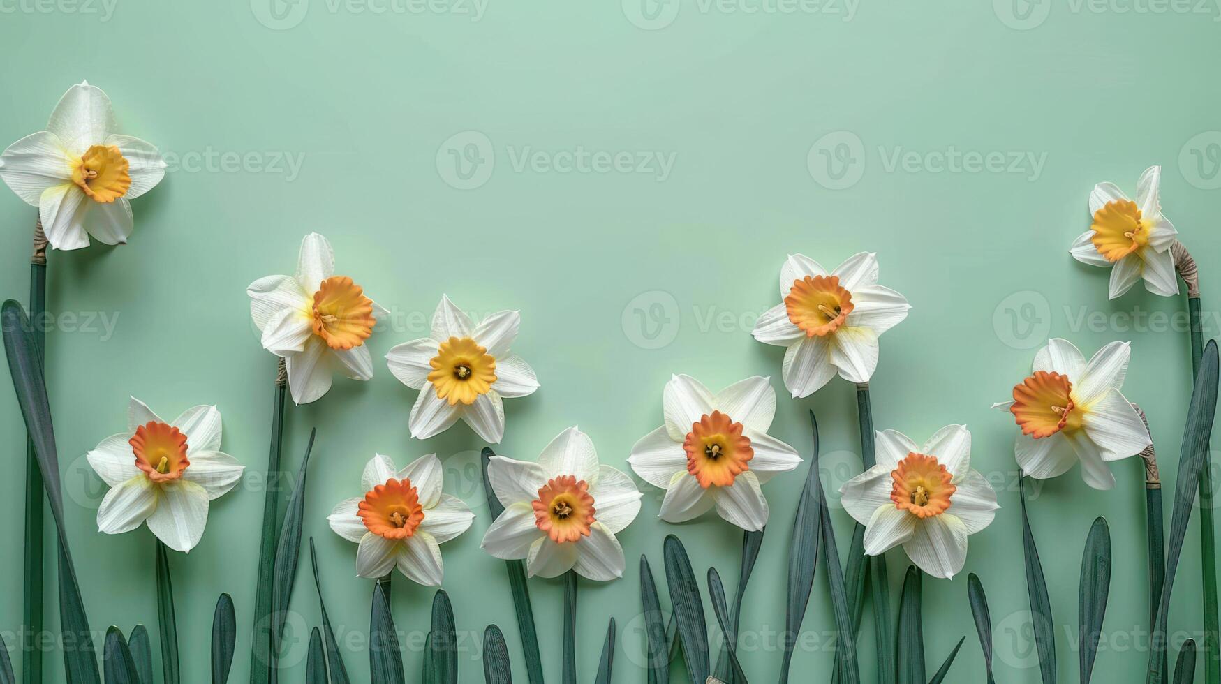 Vibrant daffodils blooming against a mint green backdrop, showcasing springtime beauty and freshness photo