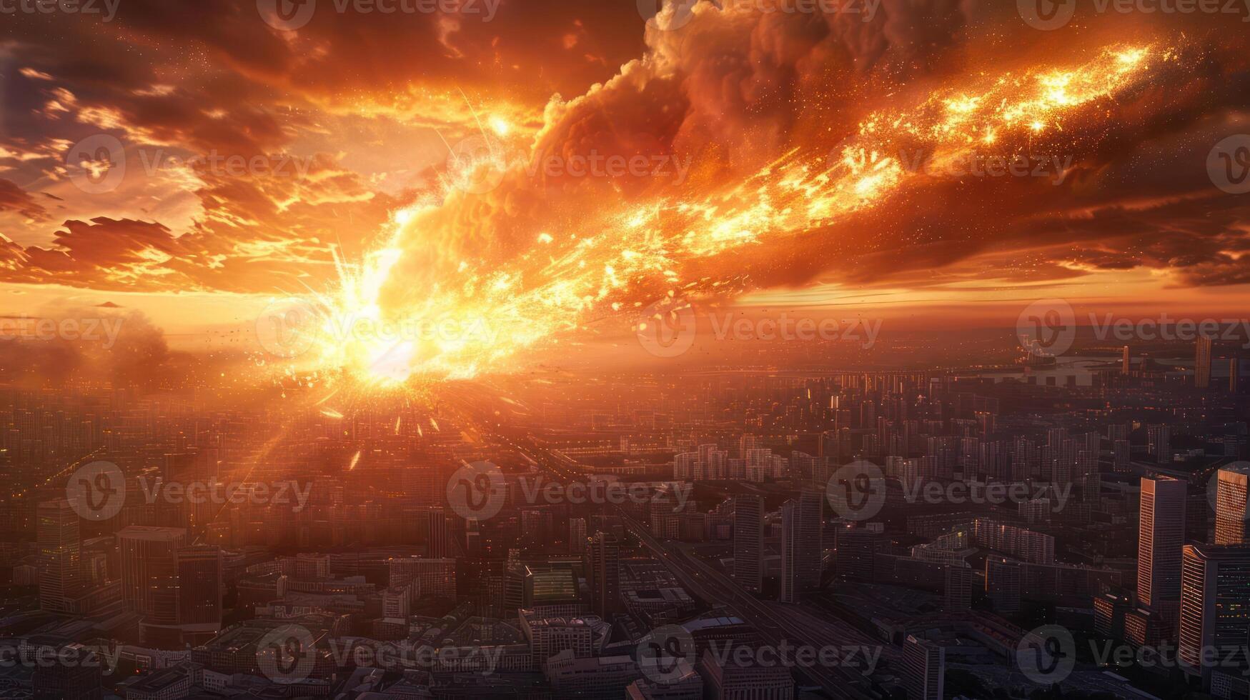 Dramatic meteor strike over a bustling cityscape at sunset, showcasing chaos and destruction photo