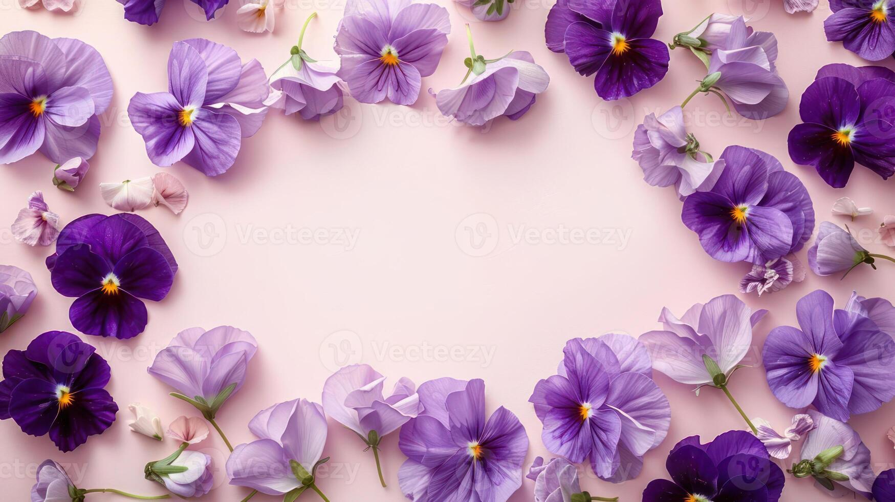 Vibrant arrangement of purple pansy flowers on a soft pink background, perfect for spring designs photo