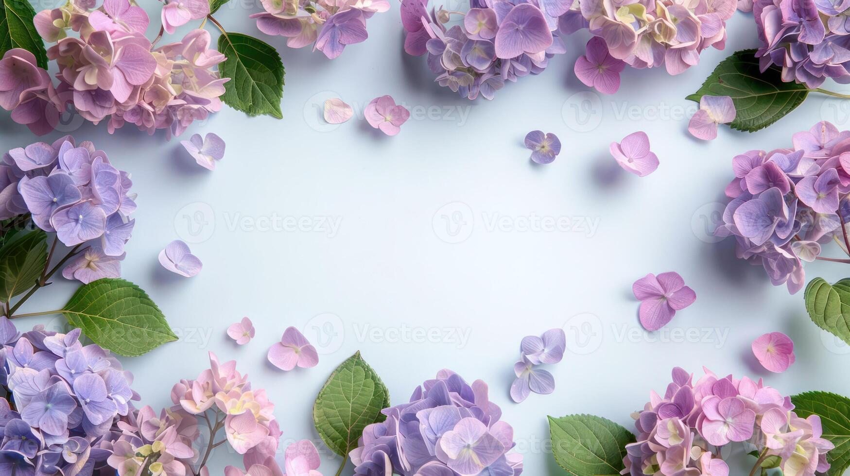 Vibrant arrangement of hydrangea flowers in shades of purple and pink on a soft blue background photo