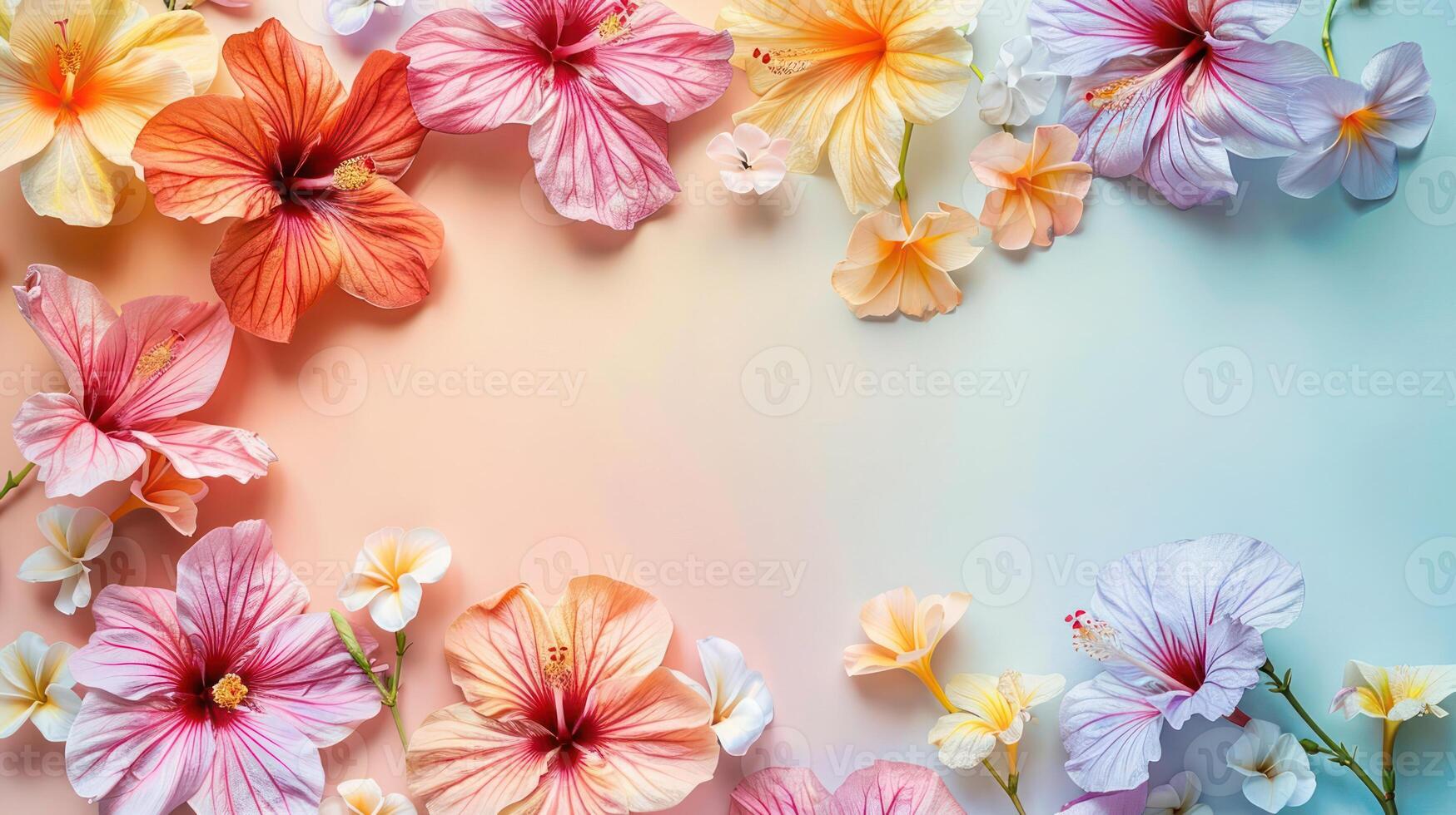 Vibrant arrangement of colorful hibiscus and smaller flowers on a soft gradient background photo